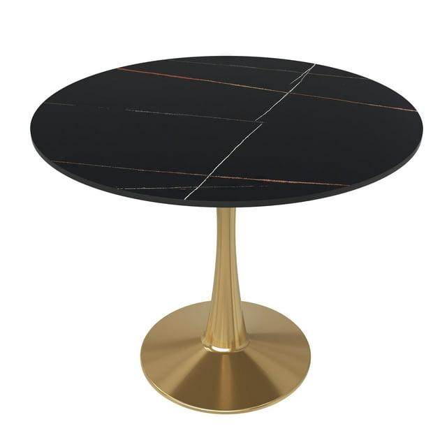 LeisureMod Bristol 35" Round Dining Table – Sintered Stone Top Accent Café Table & Sturdy Steel Gold Pedestal Base for Kitchen and Small Spaces