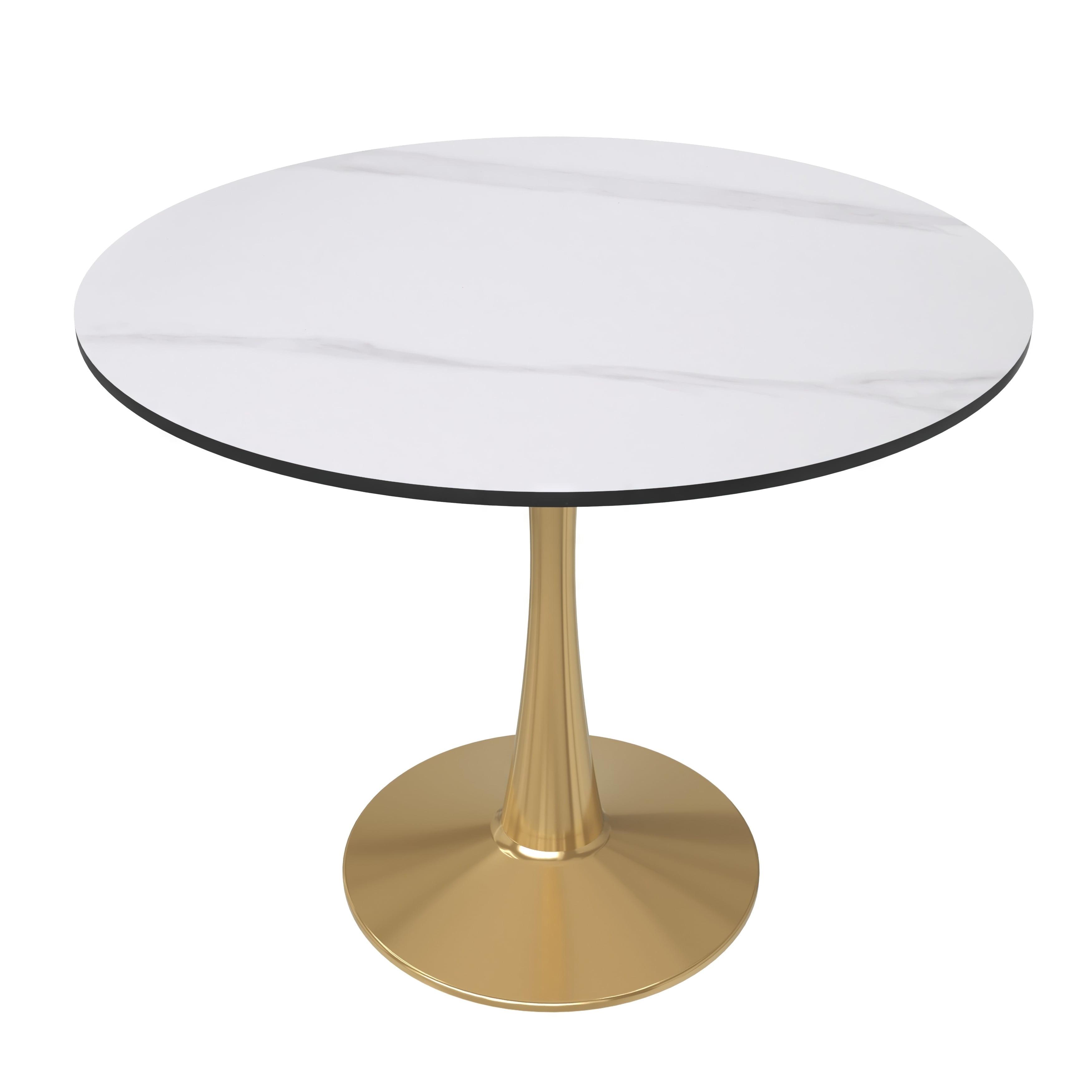 LeisureMod Bristol 35" Round Dining Table – Sintered Stone Top Accent Café Table & Sturdy Steel Gold Pedestal Base for Kitchen and Small Spaces