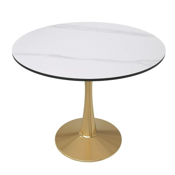 LeisureMod Bristol 35" Round Dining Table – Sintered Stone Top Accent Café Table & Sturdy Steel Gold Pedestal Base for Kitchen and Small Spaces