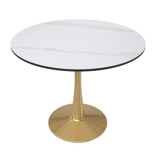 LeisureMod Bristol 35" Round Dining Table – Sintered Stone Top Accent Café Table & Sturdy Steel Gold Pedestal Base for Kitchen and Small Spaces