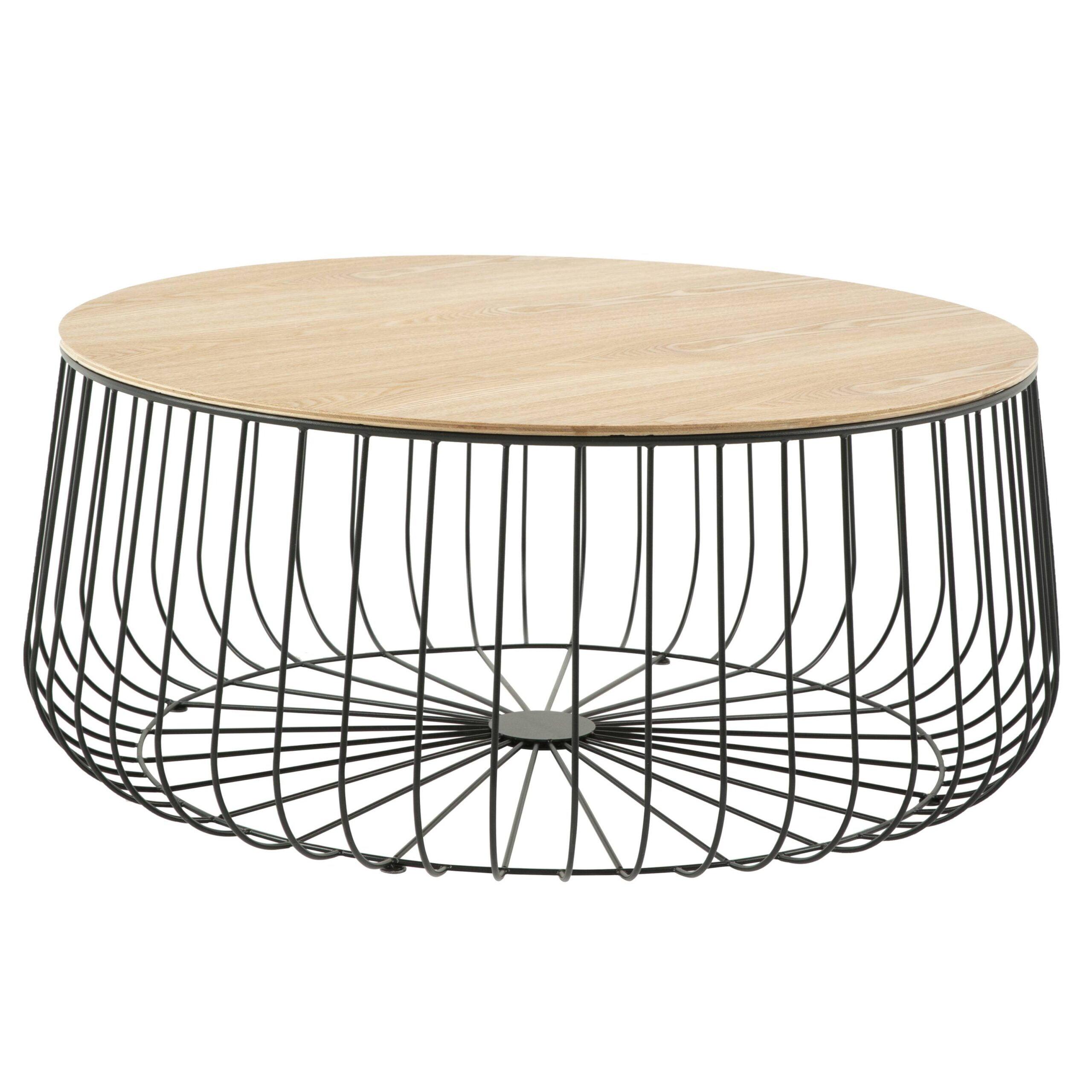 Natural Wood Round Coffee Table with Black Metal Wire Base