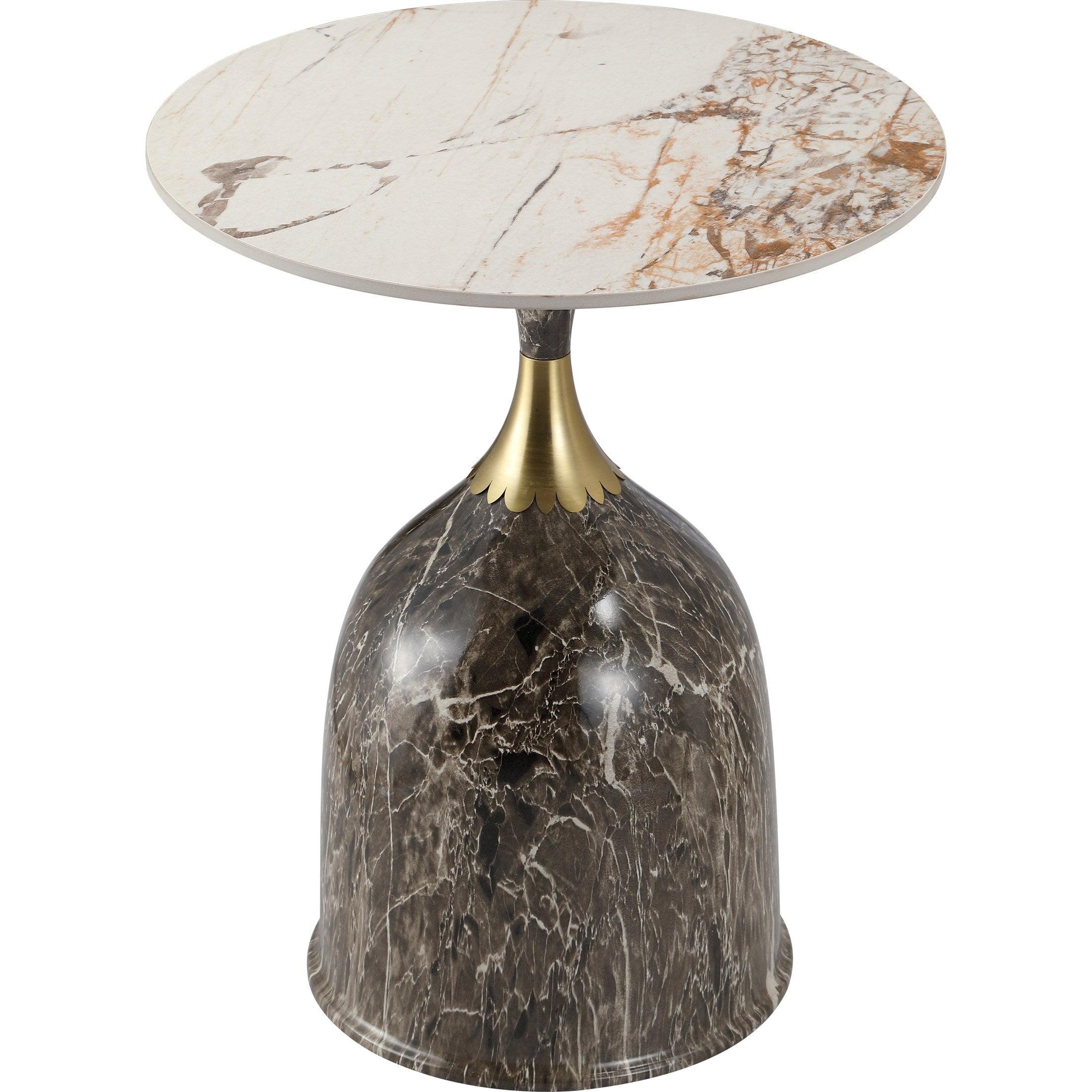 LeisureMod Side Table Round Sintered Stone Top Modern Accent Table with Stainless-Steel Base Chic End Table Oslo Series in Marbled Brown
