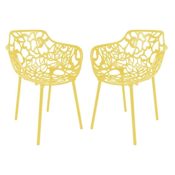 LeisureMod Devon Aluminum Stackable Outdoor Dining Armchair Set of 2, Yellow