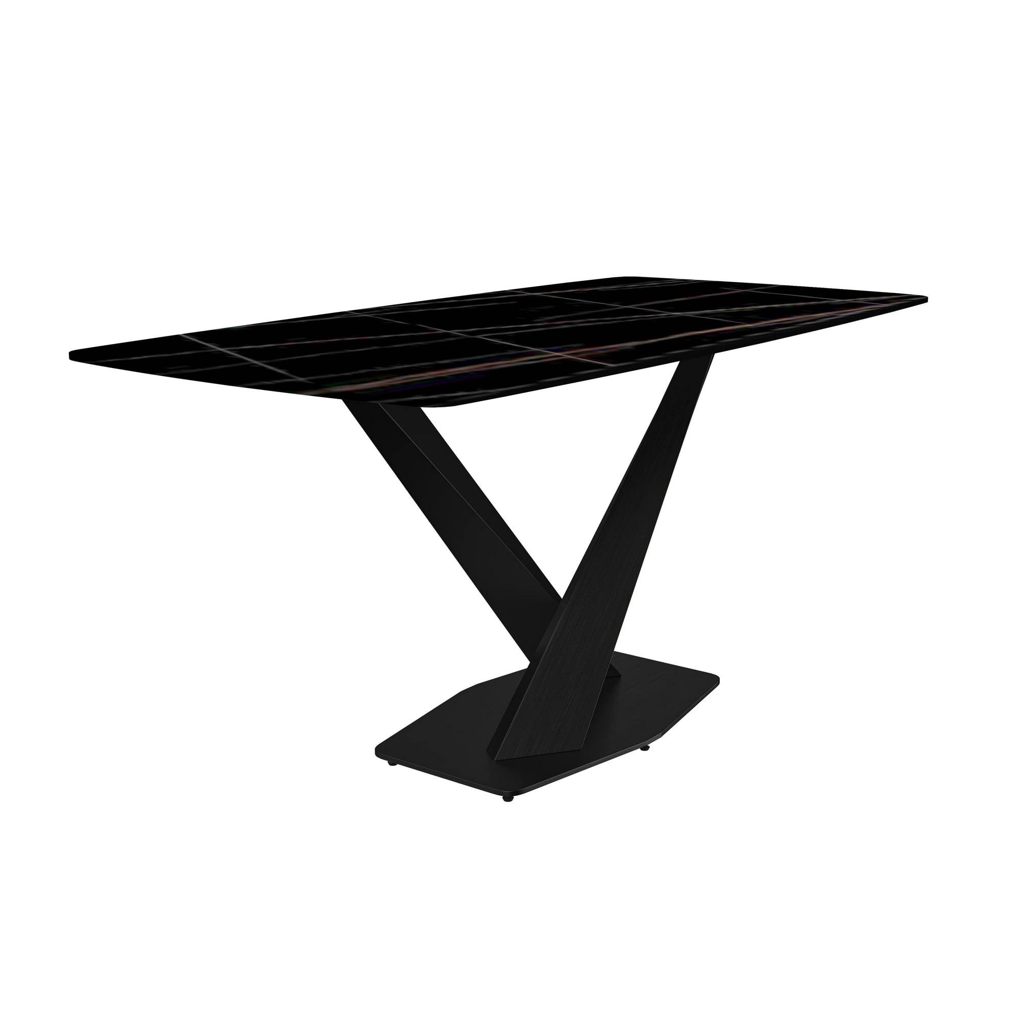 LeisureMod Voren Modern Dining Table with 62" Rectangular Sintered Stone or Glass Wide Tabletop and Black Steel Legs for Home, Kitchen, Dining or Conference Room in White Grey