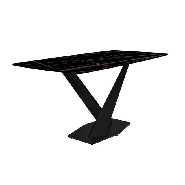 LeisureMod Voren Modern Dining Table with 62" Rectangular Sintered Stone or Glass Wide Tabletop and Black Steel Legs for Home, Kitchen, Dining or Conference Room in White Grey