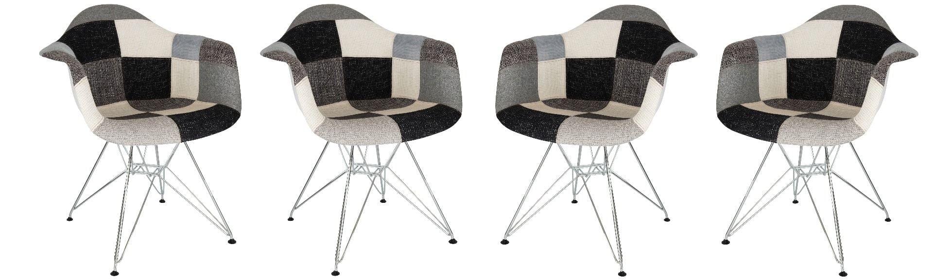LeisureMod Willow Patchwork Fabric Eiffel Base Accent Armchair Set of 4