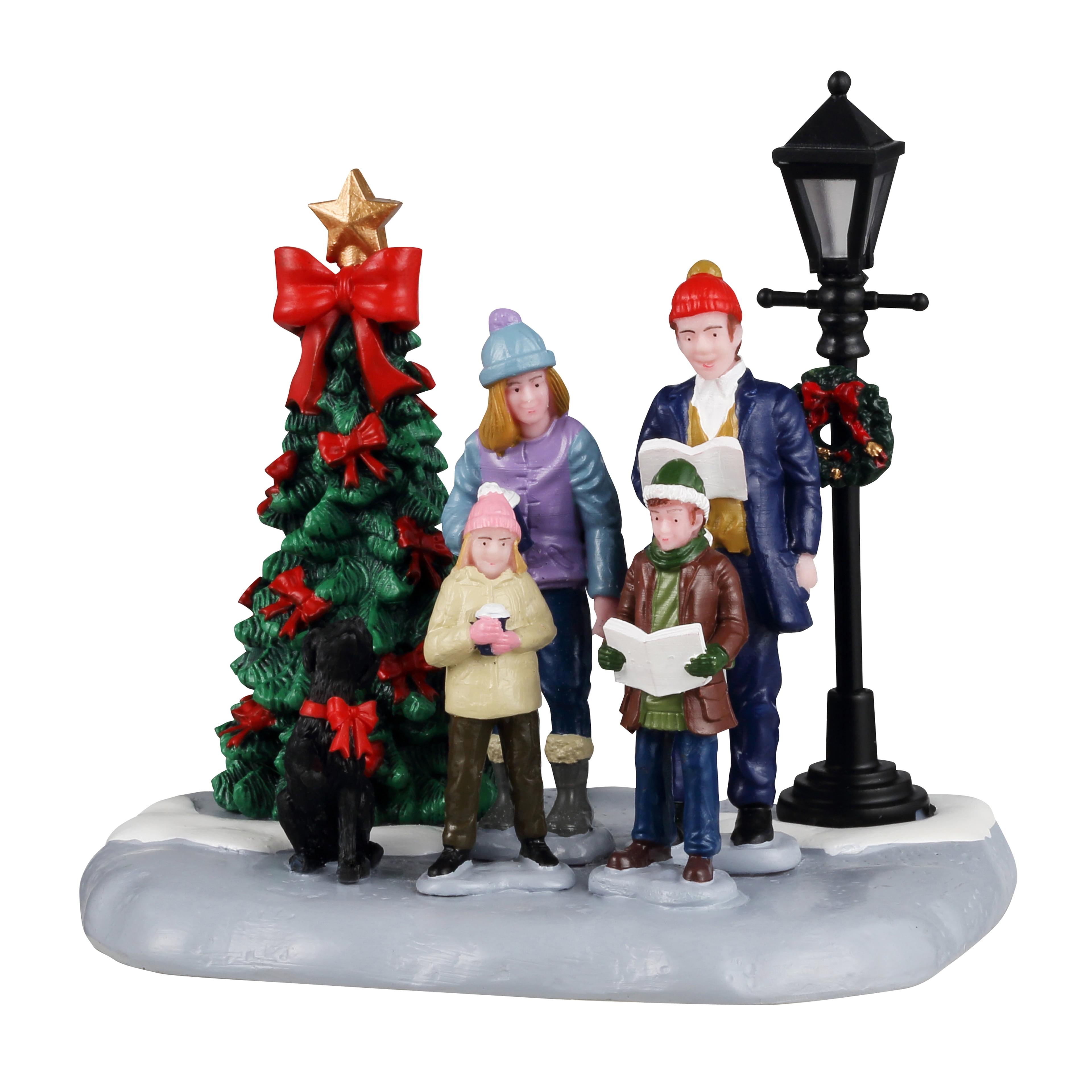 Festive Family Caroling Scene with Christmas Tree and Lamp Post