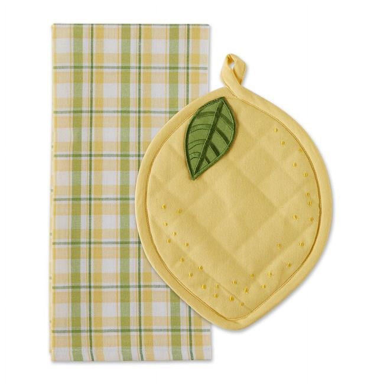 Lemon Shaped Cotton Potholder and Plaid Towel Set