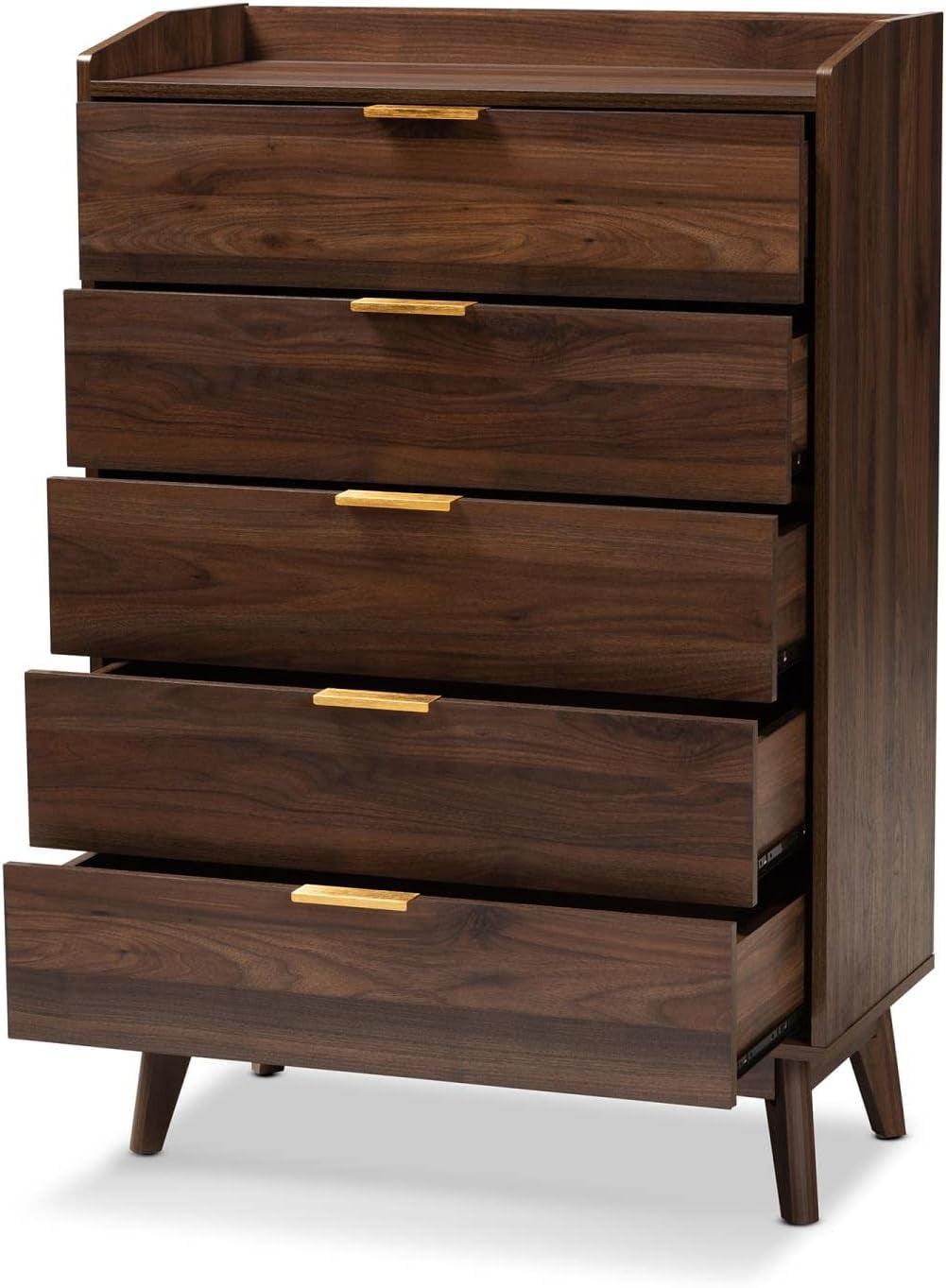 Walnut Brown Mid-Century 5-Drawer Chest with Gold-Tone Handles