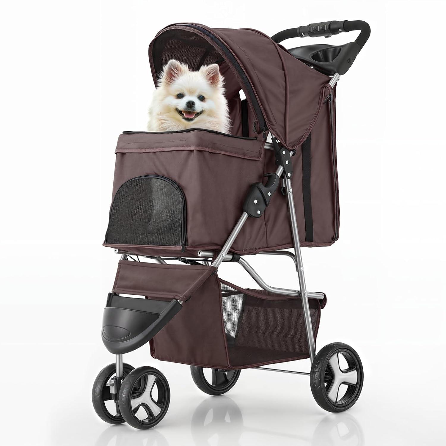 3 Wheel Folding Pet Stroller, Foldable Dog Jogger Stroller with Storage Basket, Cup Holder & Canopy