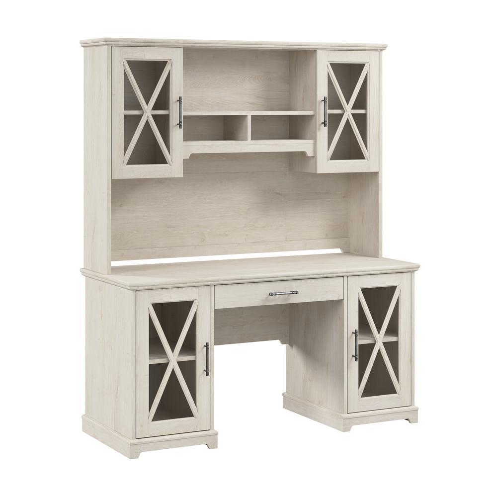 Lennox Desk with Hutch and Keyboard Tray in Linen White Oak - Engineered Wood