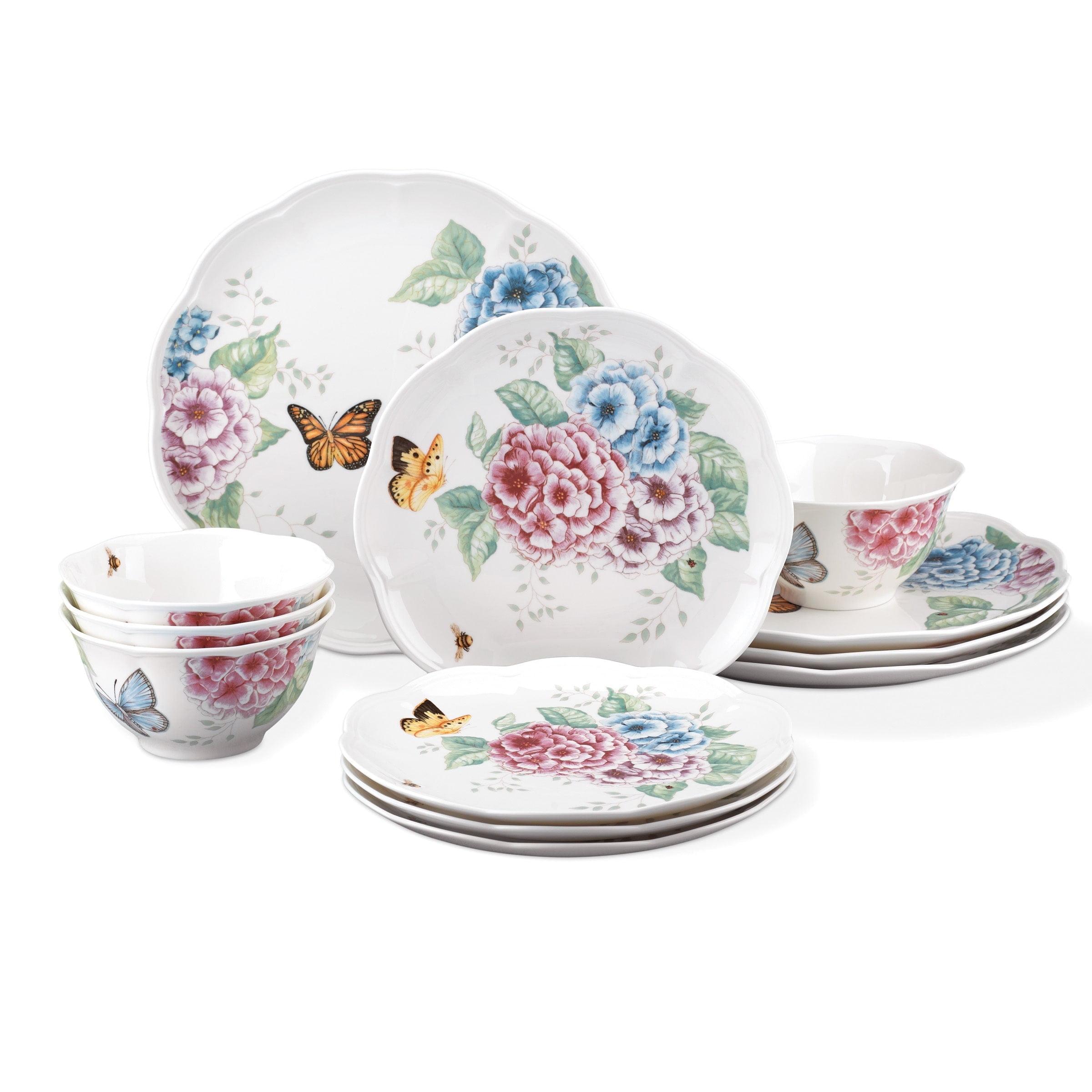 Butterfly Meadow Hydrangea 12-Piece Porcelain Dinnerware Set