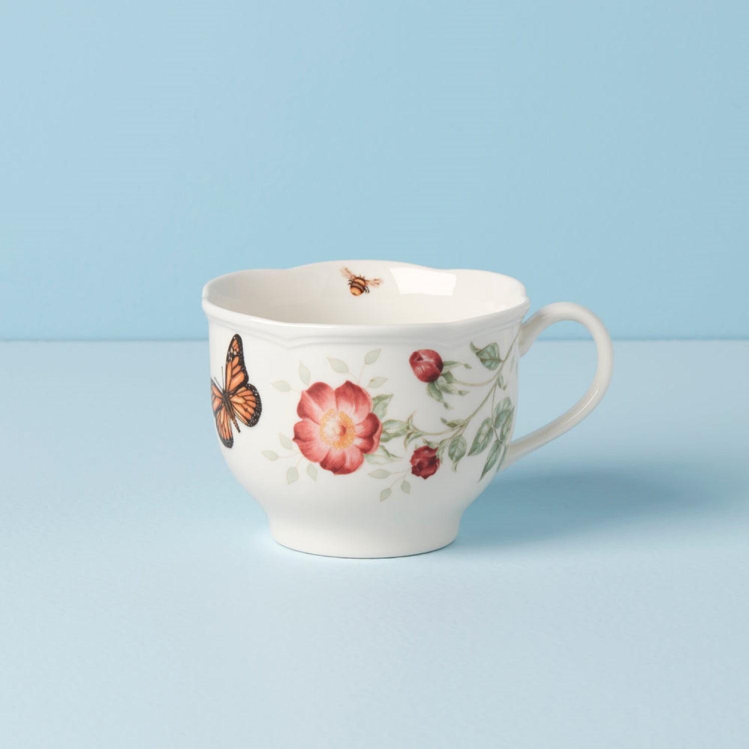 White Ceramic Butterfly Floral Latte Mug Set, 2-Piece