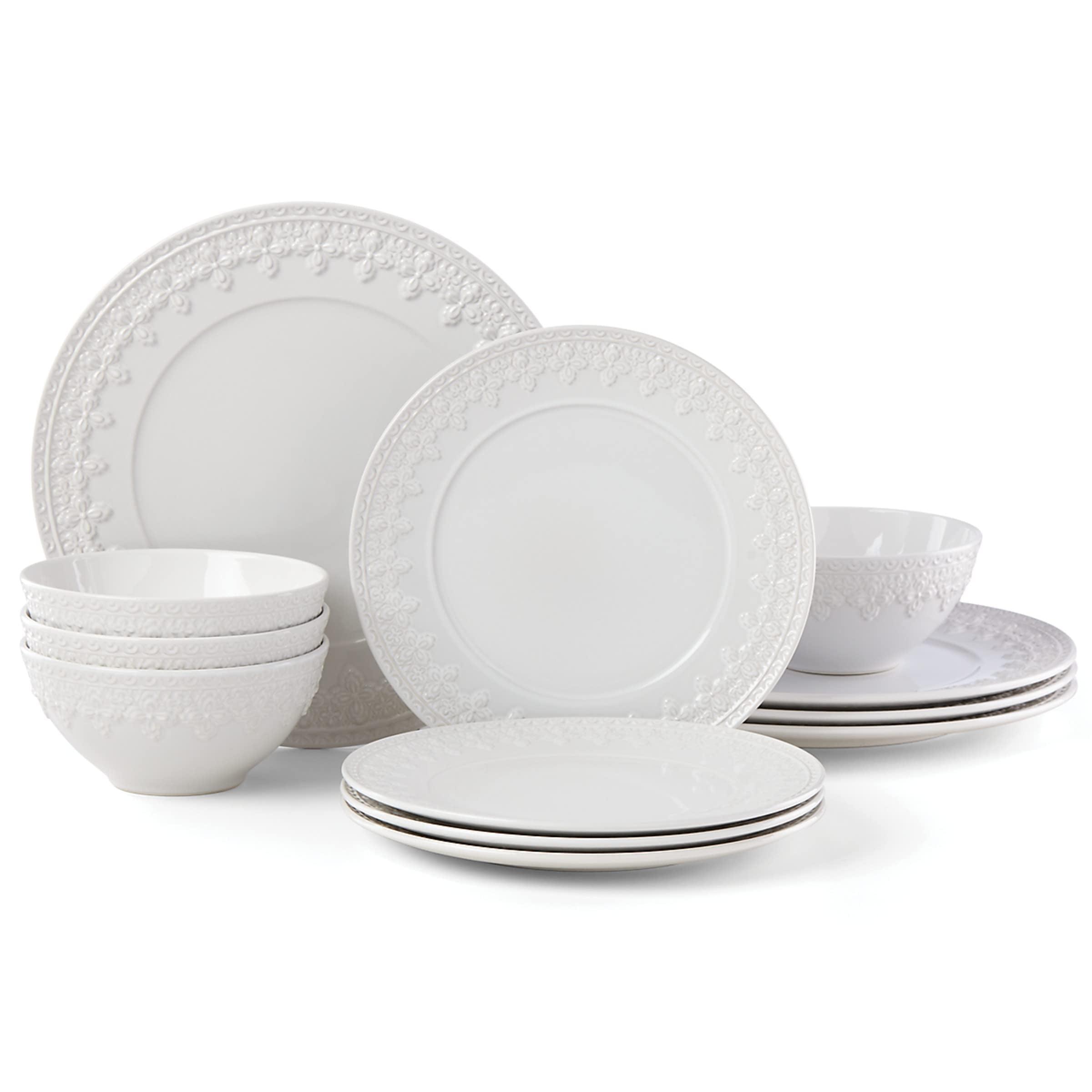 White Ceramic 12-Piece Dinnerware Set with Variegated Glaze