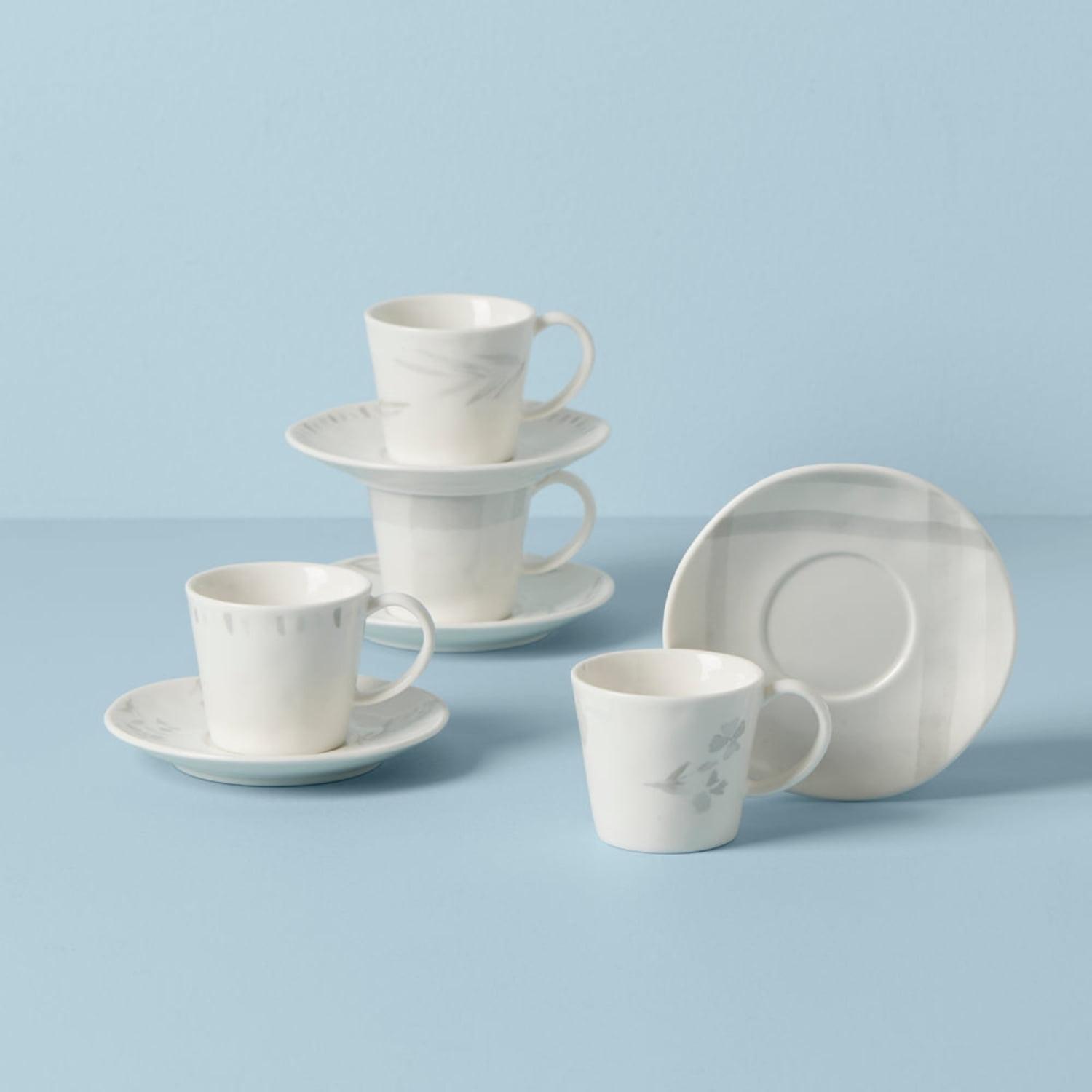 Oyster Bay White Ceramic Espresso Cups with Saucers, Set of 4