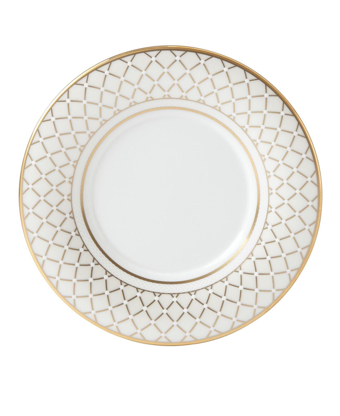 Pristine White Bone China Saucer with 24-Karat Gold Lattice Motif