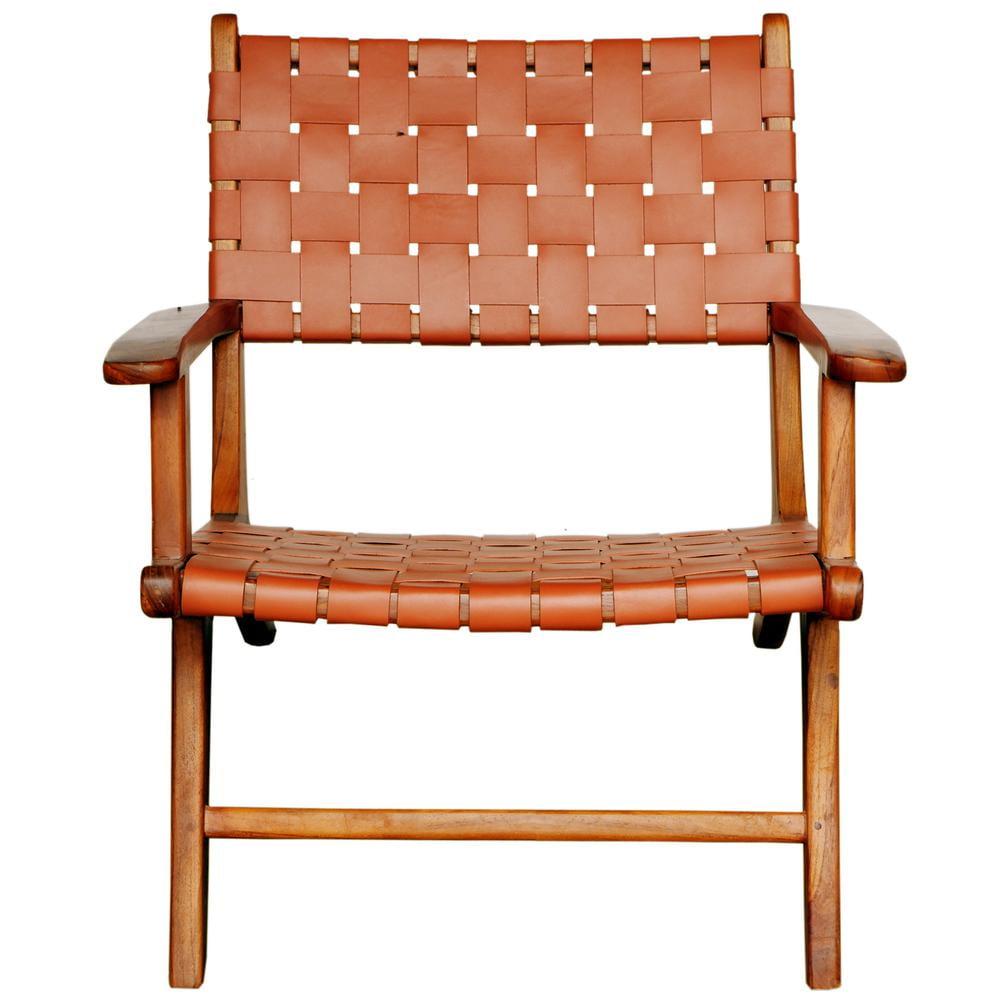 Sustainably Sourced Tan Leather & Wood Square Arm Accent Chair