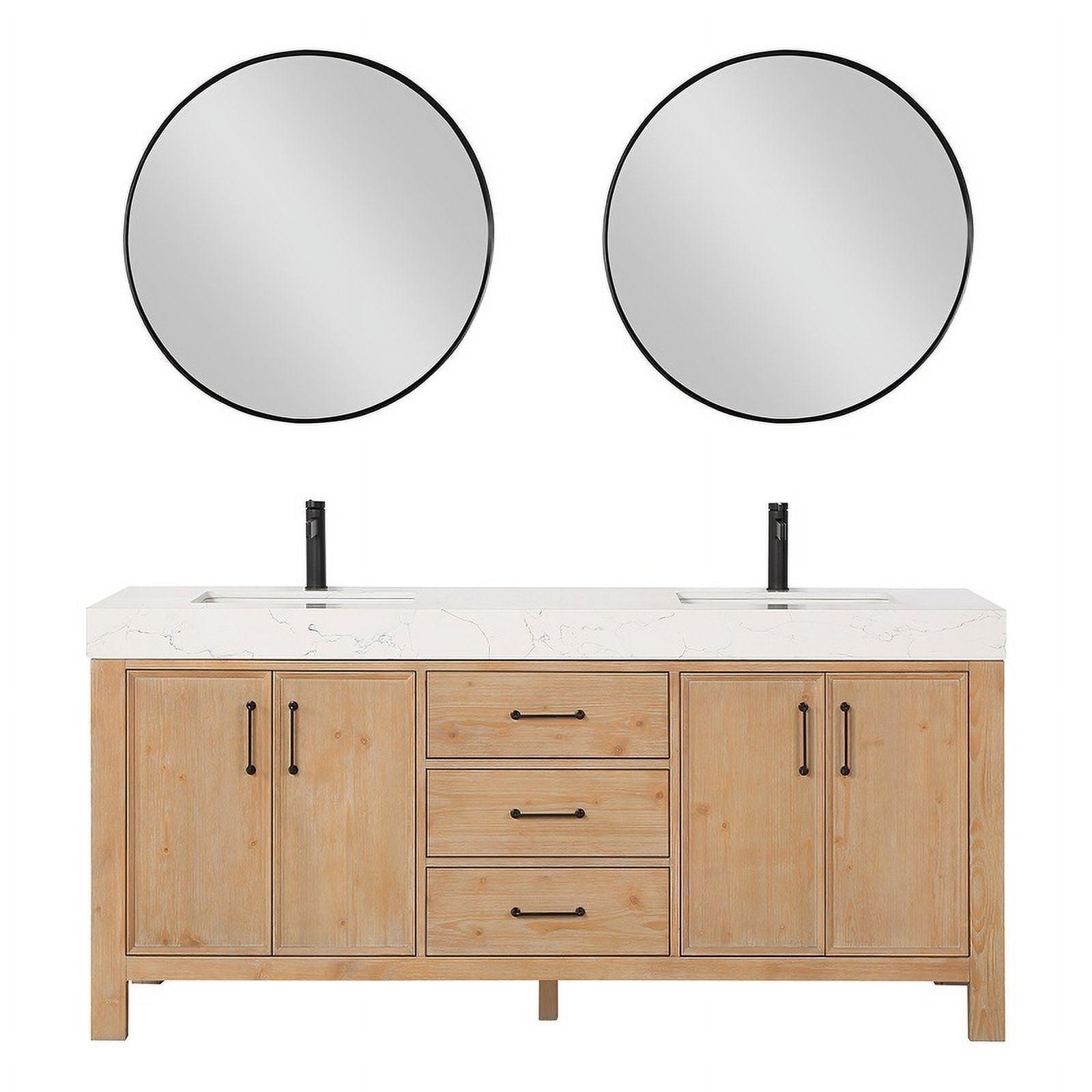 Leon 72" Double Vanity in Fir Wood Brown with Lightning White Composite & Mirror