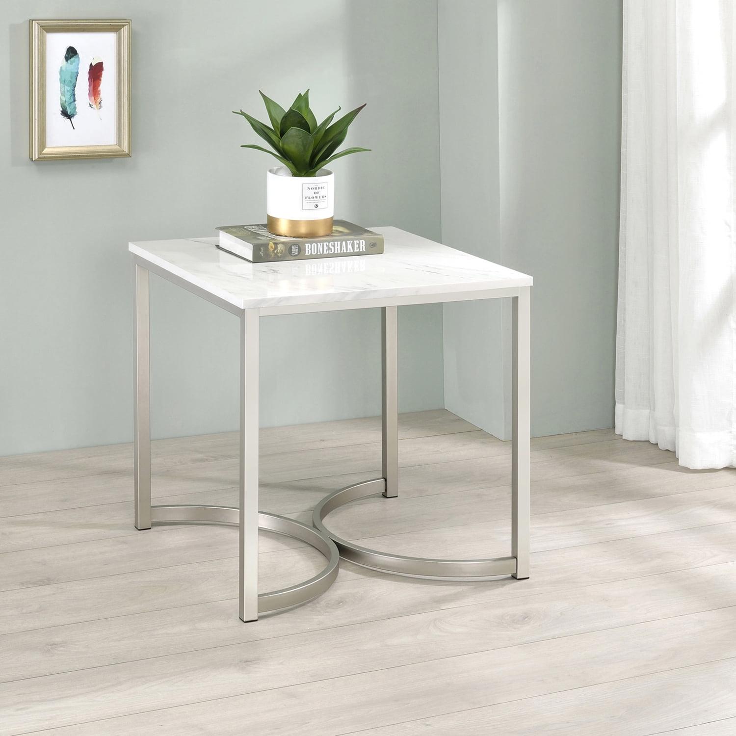 Leona 22" White Faux Marble and Silver Metal Square End Table