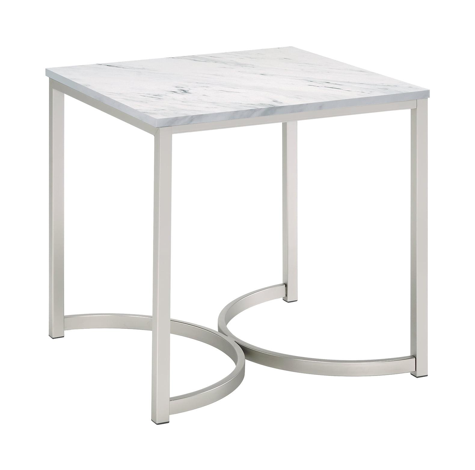 Leona 22" White Faux Marble and Silver Metal Square End Table