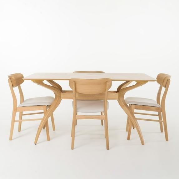 Leona Mid-Century Modern 5 Piece Dining Set, Light Beige and Natural Oak