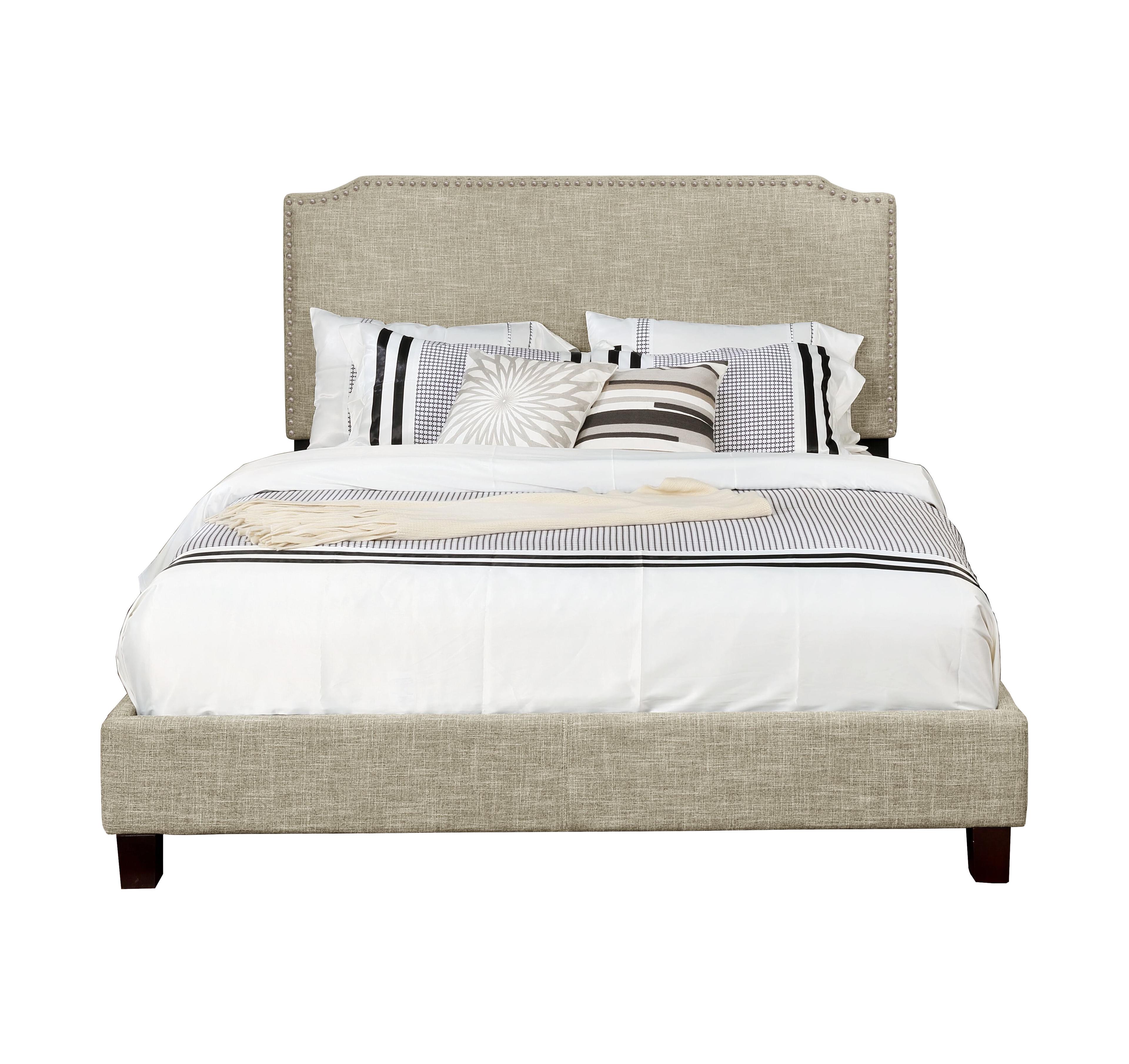 Beige Full Upholstered Linen Panel Bed with Nailhead Trim