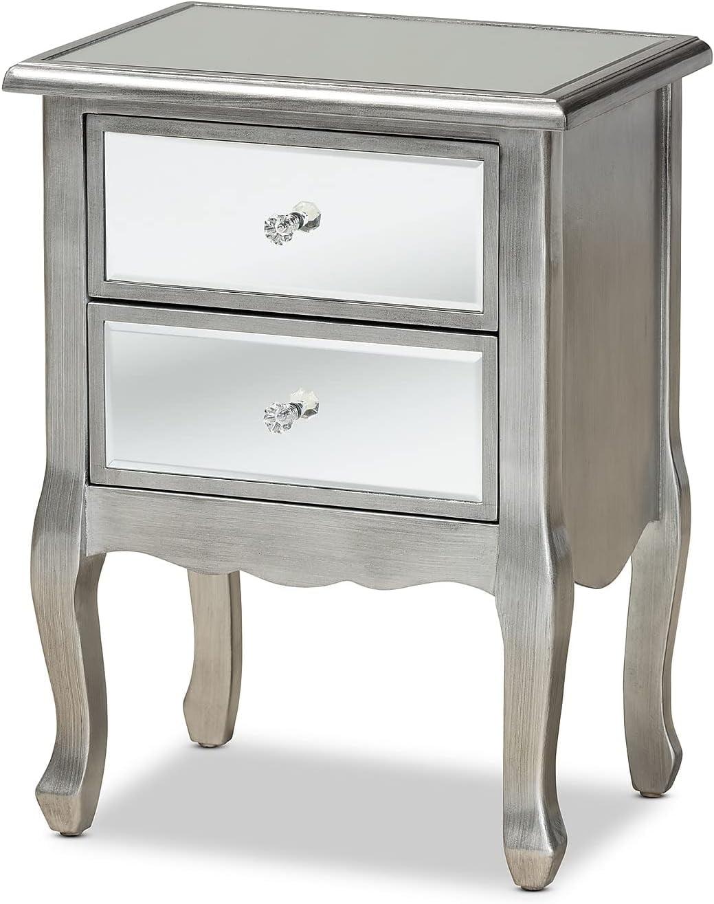 Baxton Studio Leonie Wood and Mirrored Glass 2 Drawer Nightstand Silver: Mid-Century Modern, Fir Wood Frame, No Assembly Required