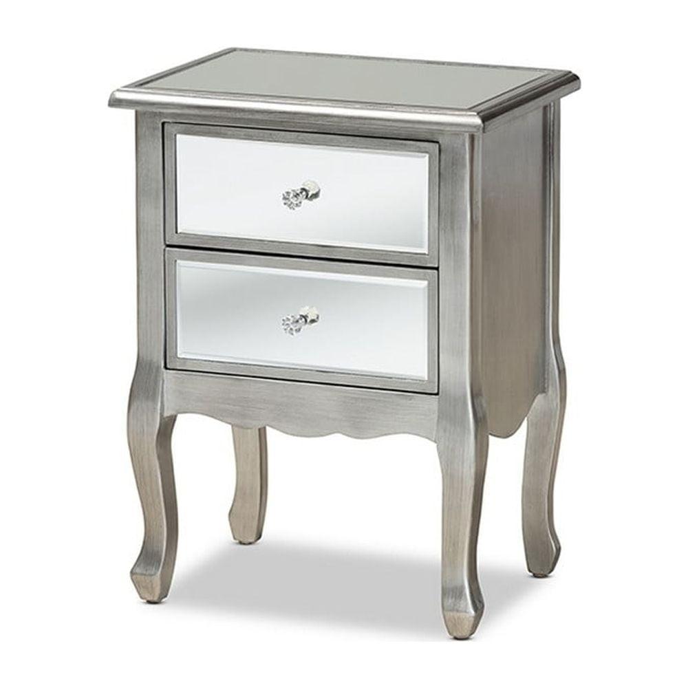 Baxton Studio Leonie Wood and Mirrored Glass 2 Drawer Nightstand Silver: Mid-Century Modern, Fir Wood Frame, No Assembly Required