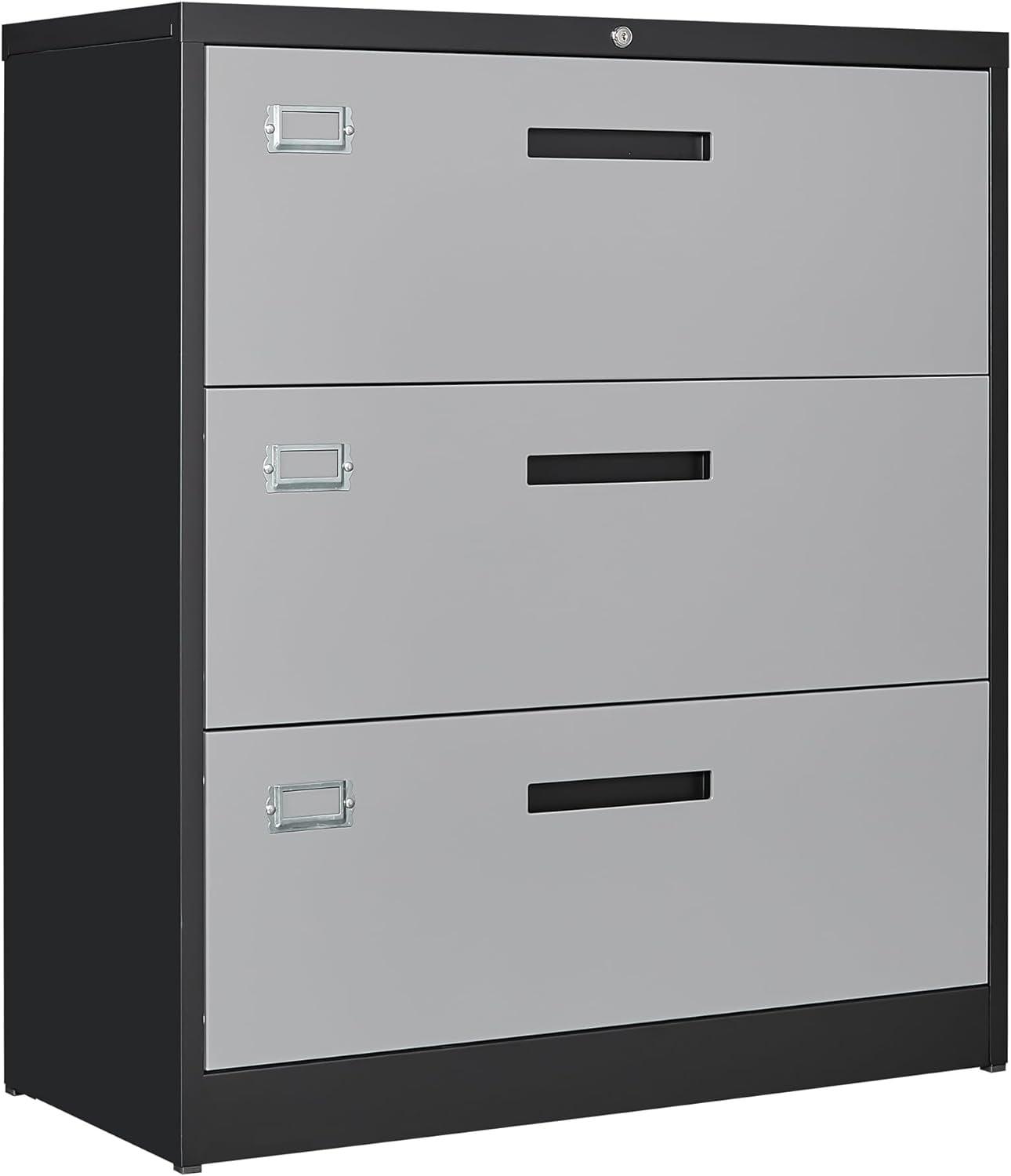 Black and Gray 3-Drawer Lockable Metal Lateral File Cabinet