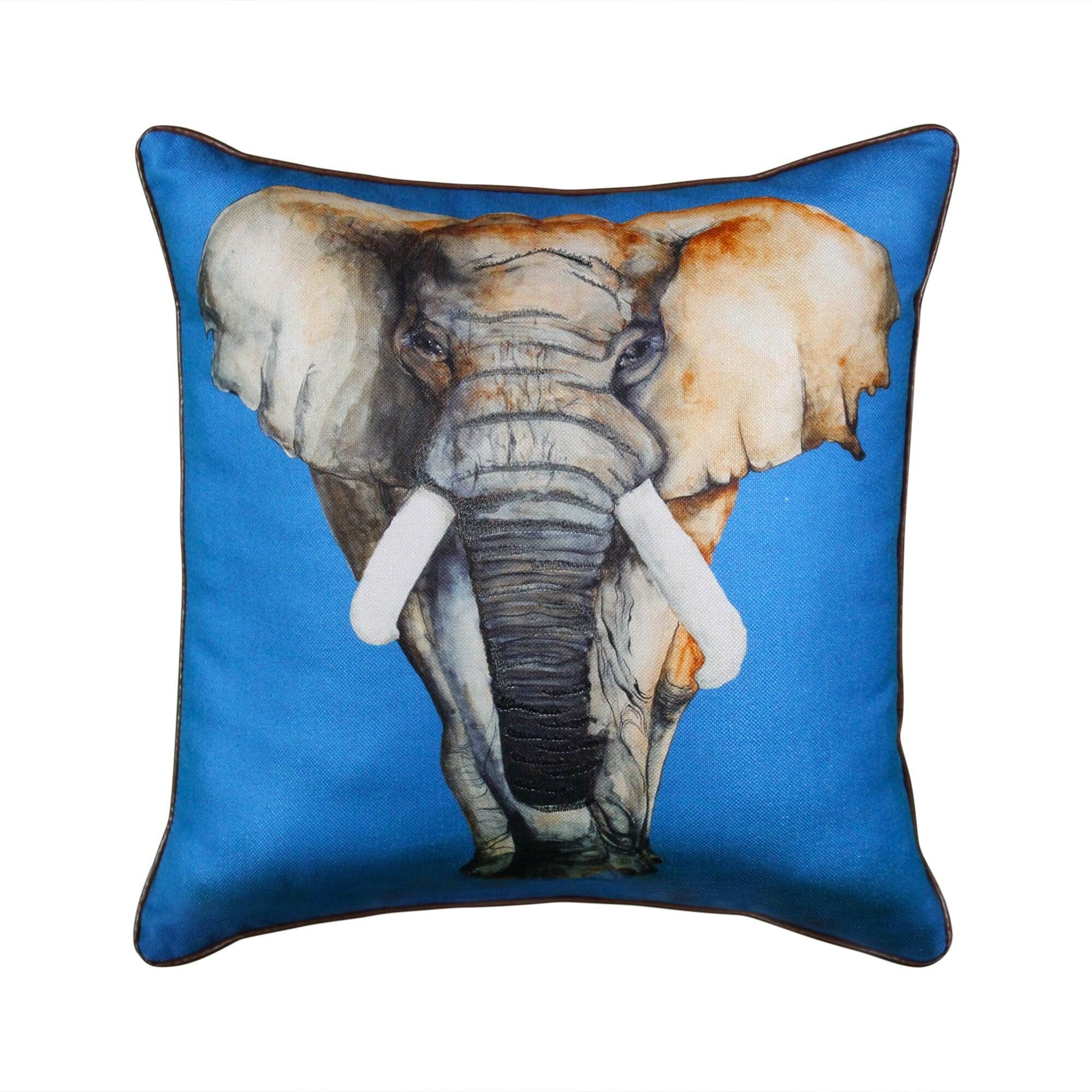 Blue Faux-Linen Elephant Embroidered Square Pillow