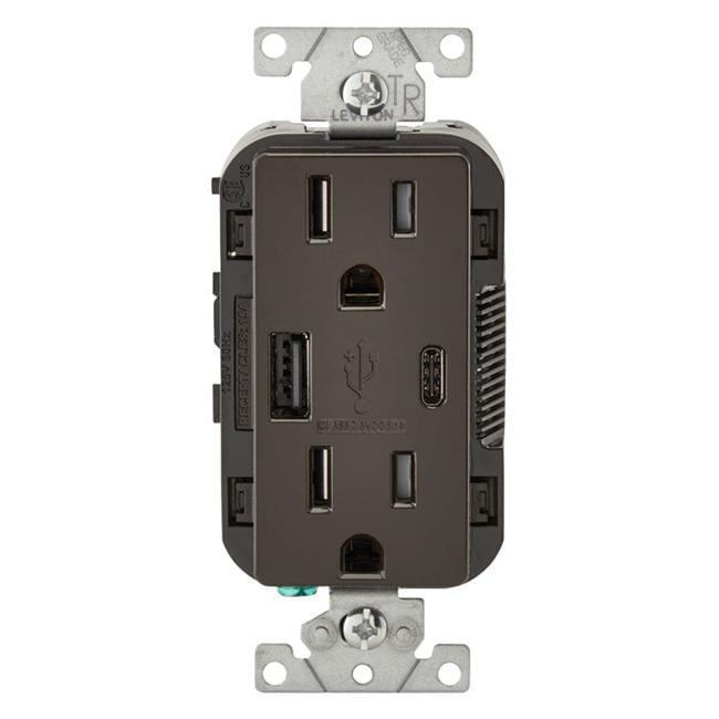 Leviton T5633-B Decora USB Type-A/Type-C Wall Outlet Charger, 15A, Brown