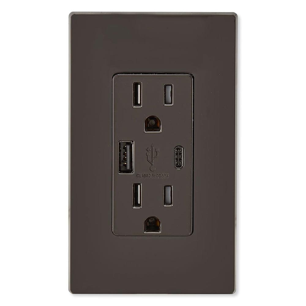 Leviton T5633-B Decora USB Type-A/Type-C Wall Outlet Charger, 15A, Brown