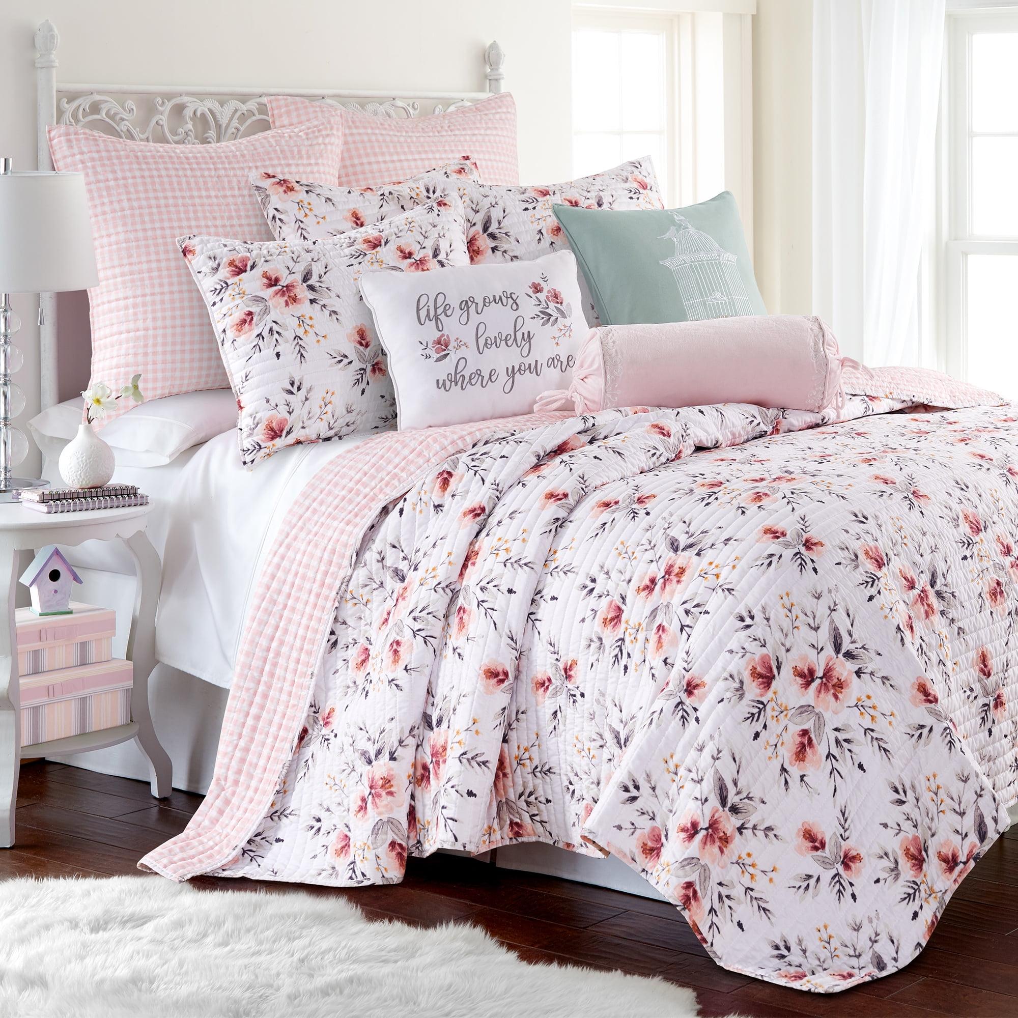 Pink Floral Reversible Microfiber Twin Quilt Set