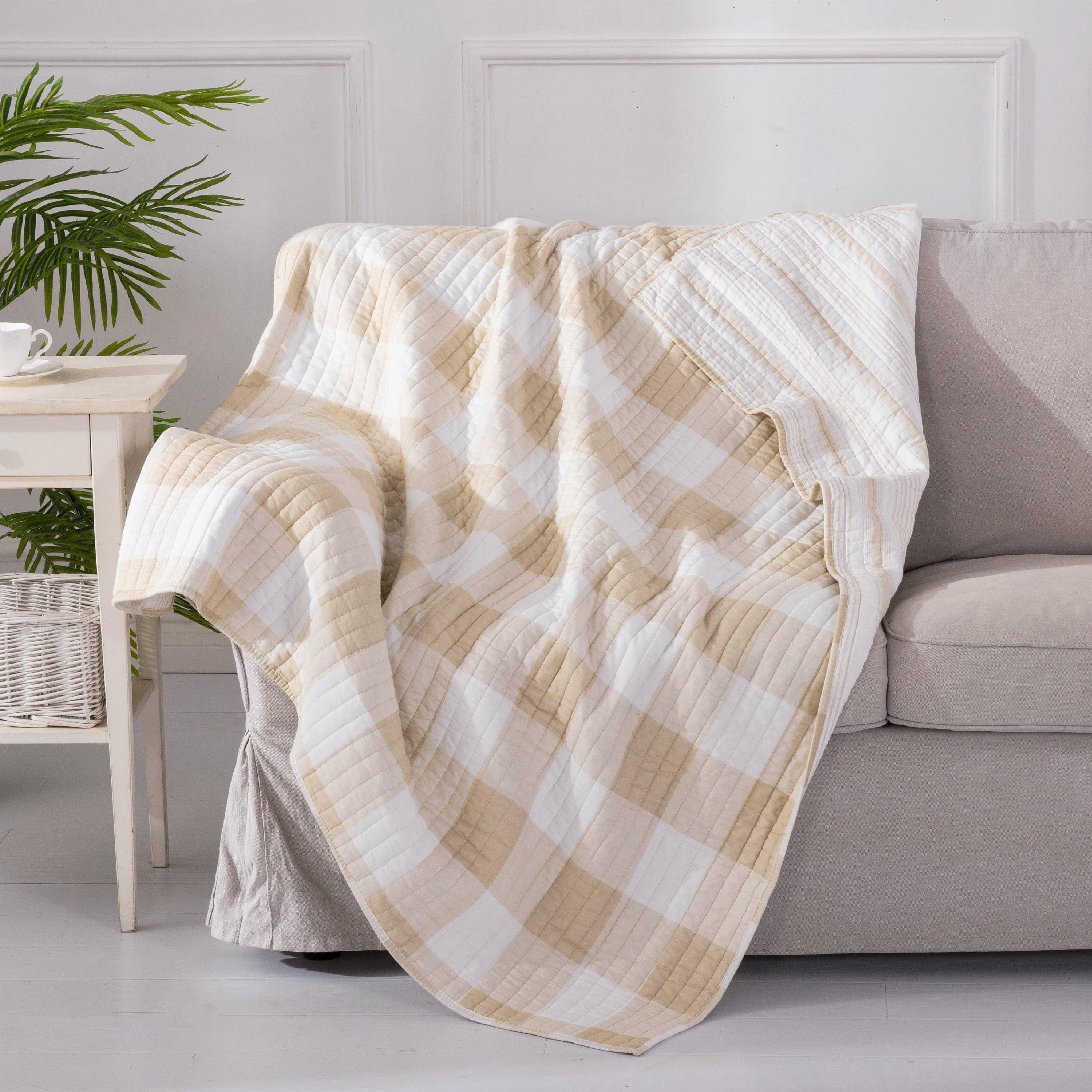 Camden Taupe and Cream Reversible Cotton Quilted Throw