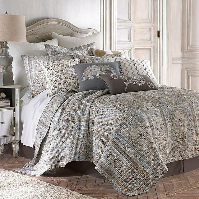 Casablanca Grey Global Quilt Set - Full/Queen Quilt and Two Standard Pillow Shams Grey, Blue, Brown - Levtex Home