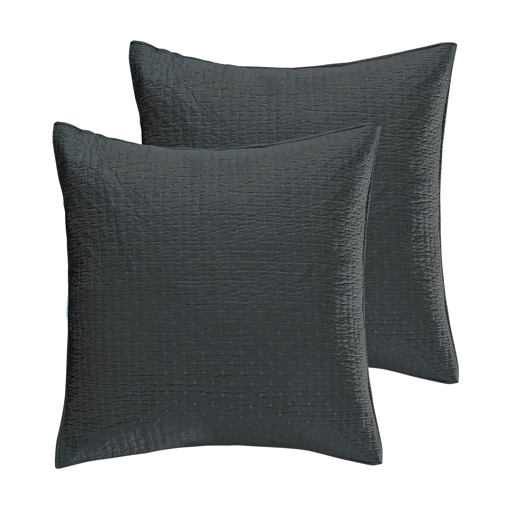 Charcoal Grey Cotton Euro Sham Set with Simple Cross Stitch - 26x26