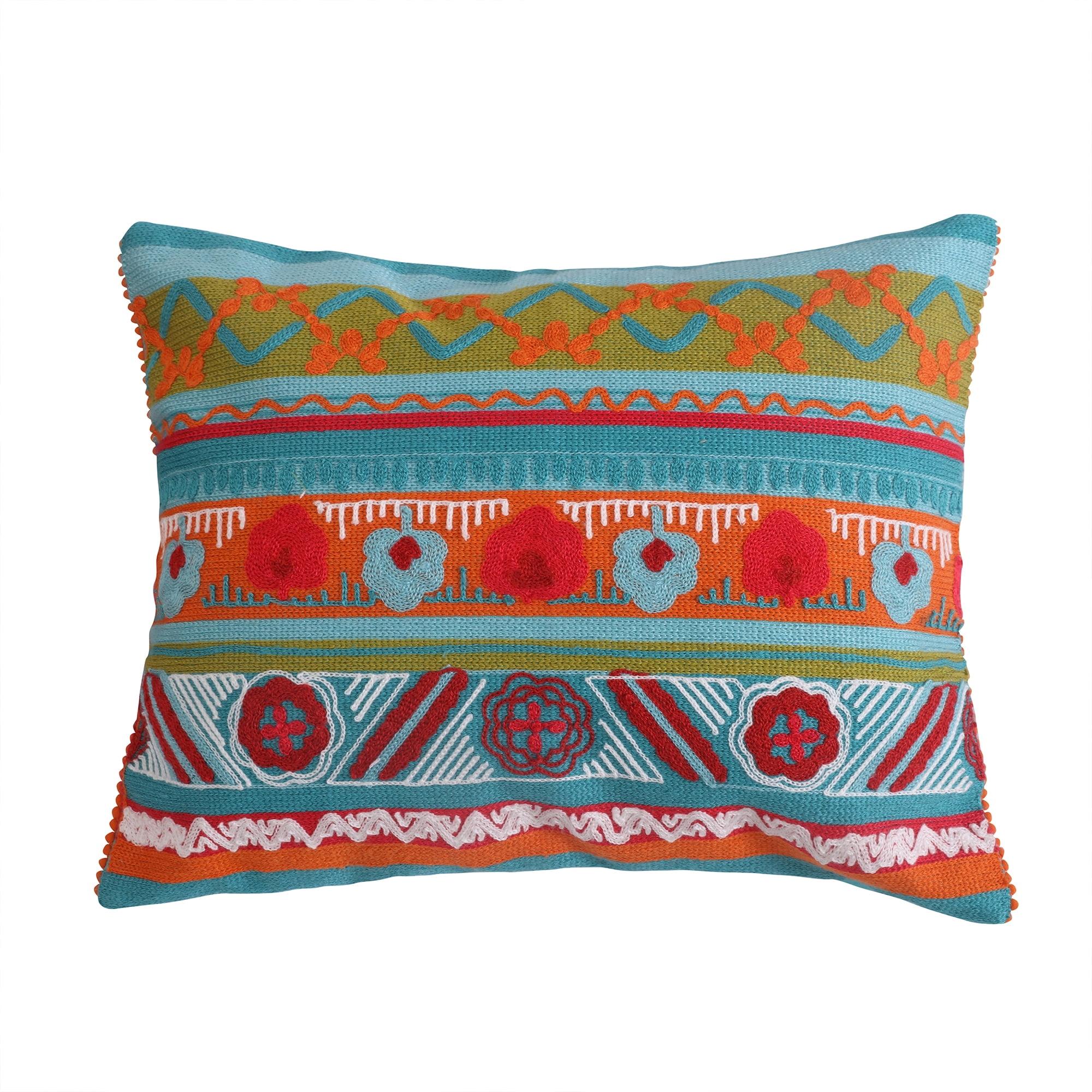 Teal and Red Embroidered Rectangular Decorative Pillow 14x18