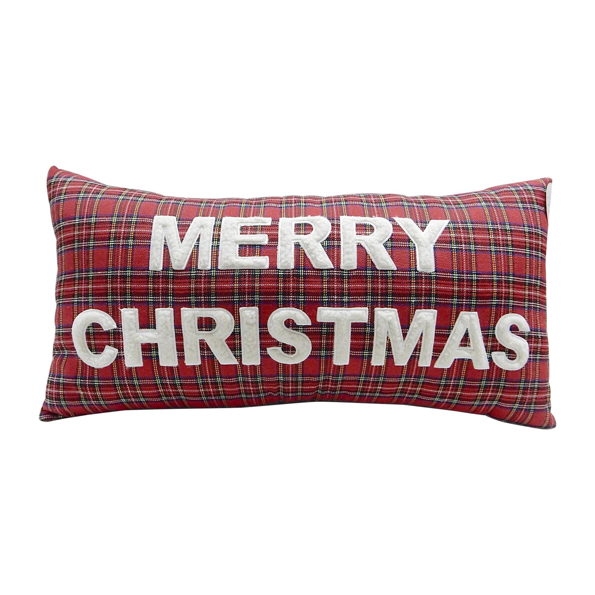 Red Plaid Embroidered Merry Christmas Pillow 12x24