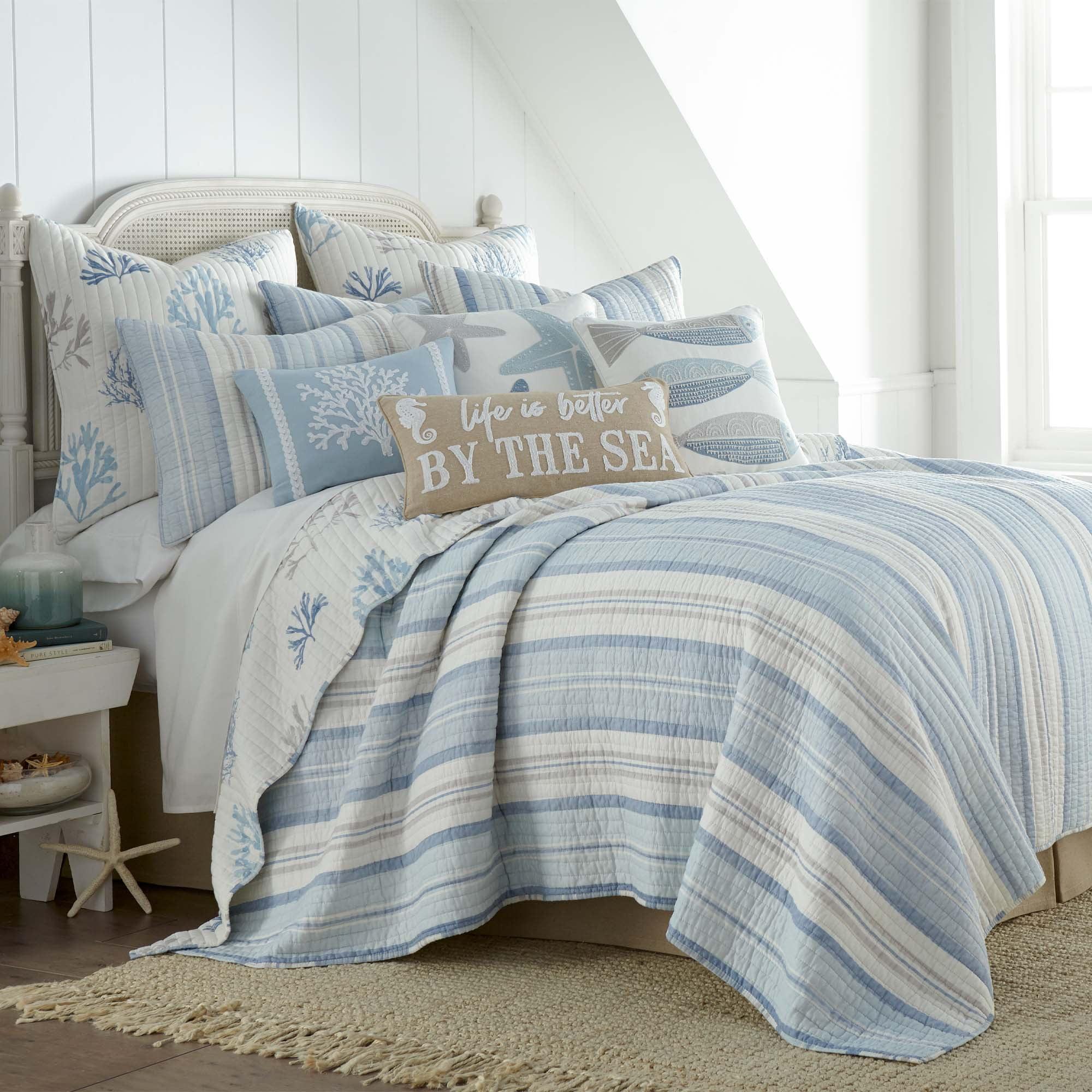 Twin Blue Cotton Reversible Nautical Quilt Set