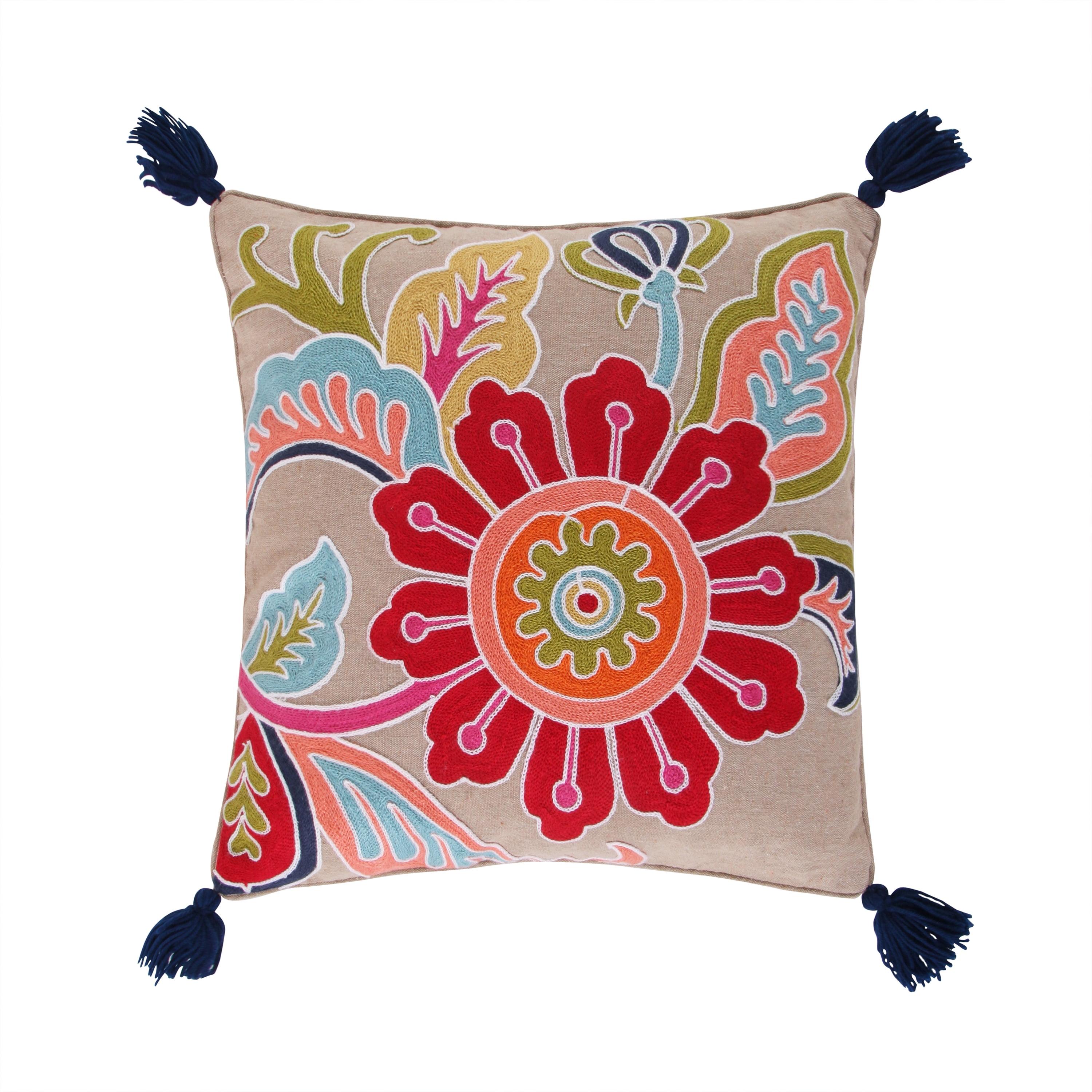 Boho-Chic Multicolor Embroidered Square Throw Pillow with Tassels