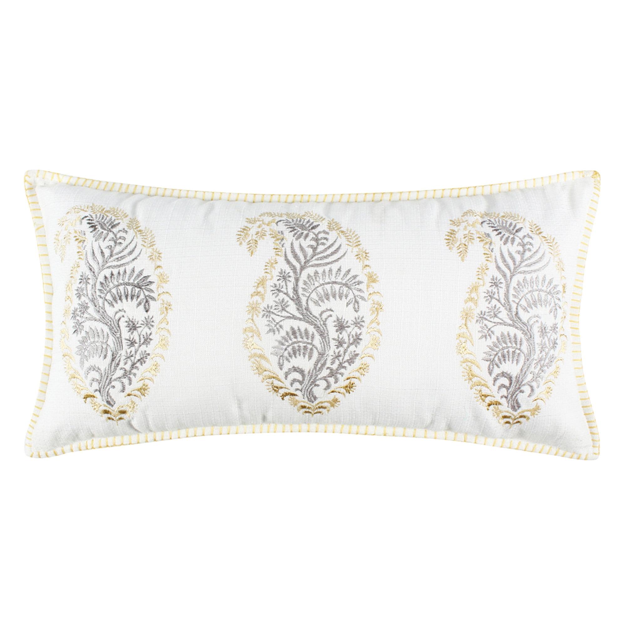 Kamira 12x24 Yellow and White Embroidered Paisley Pillow