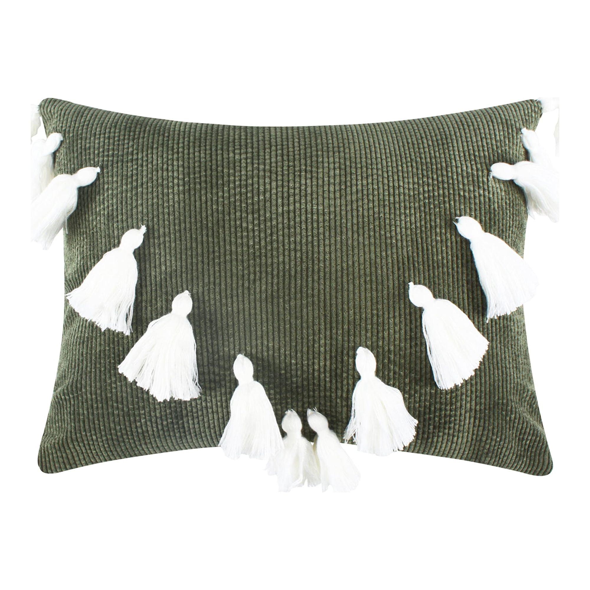 Sage Corduroy Box Throw Pillow with Cream Tassels