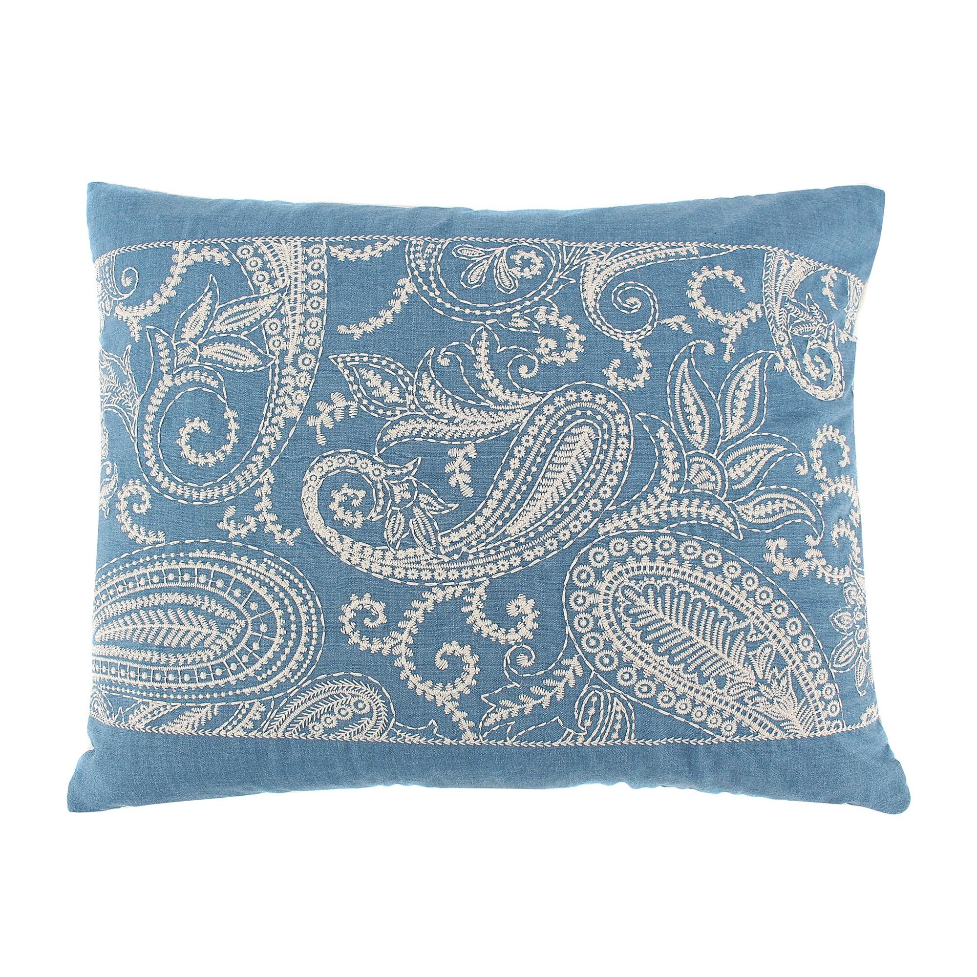 Blue and Cream Embroidered Paisley Rectangular Pillow