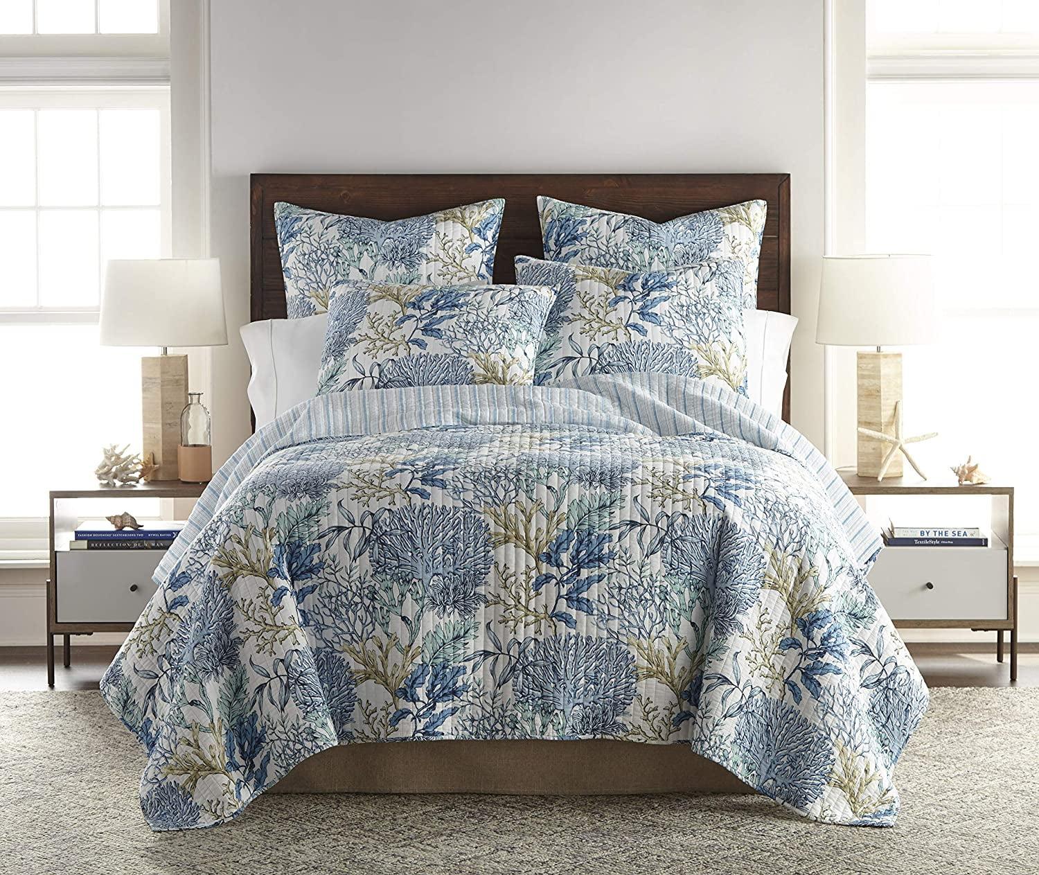 Mahina Twin Blue Cotton Reversible Quilt Set