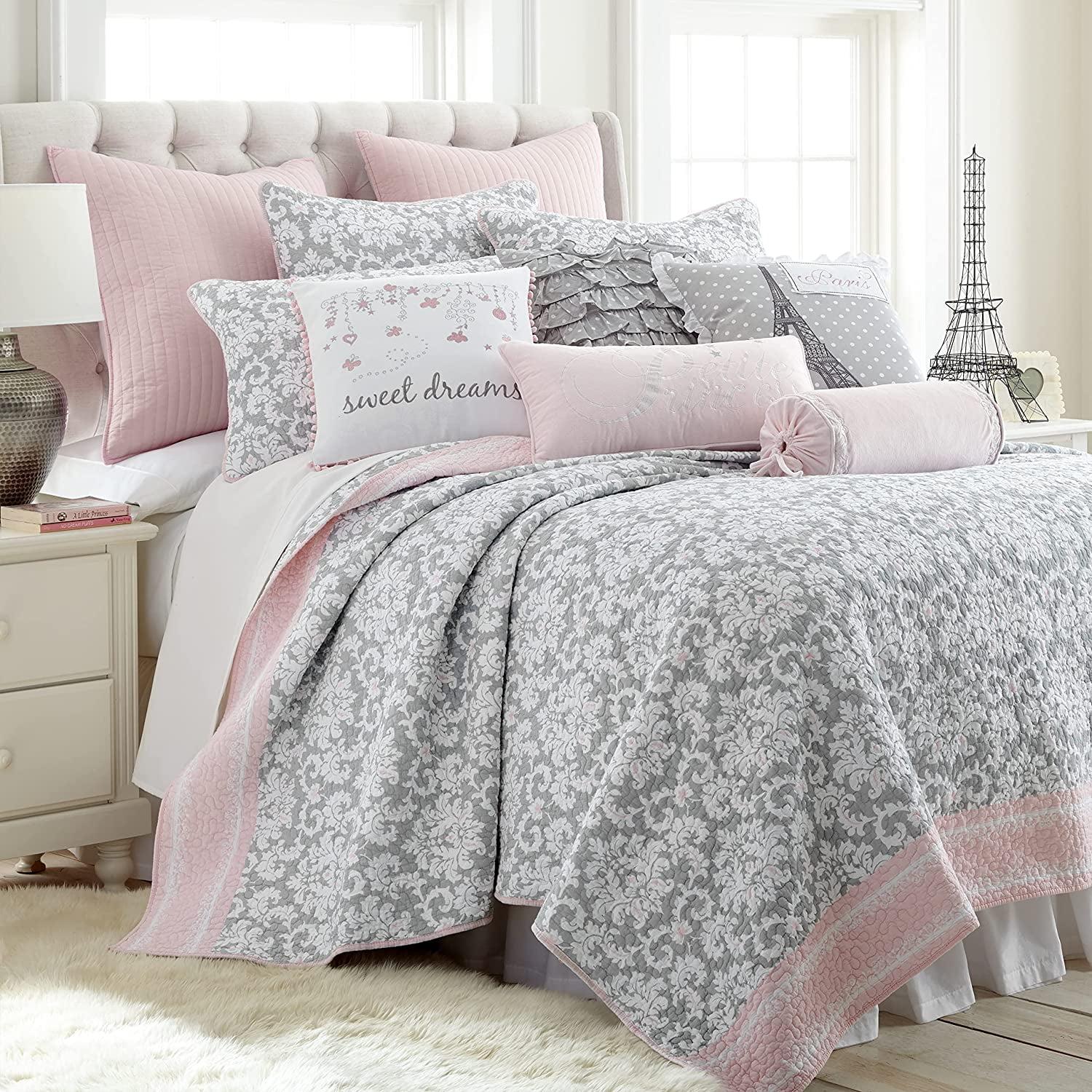 Gray and Blush Cotton Reversible Full Quilt Set