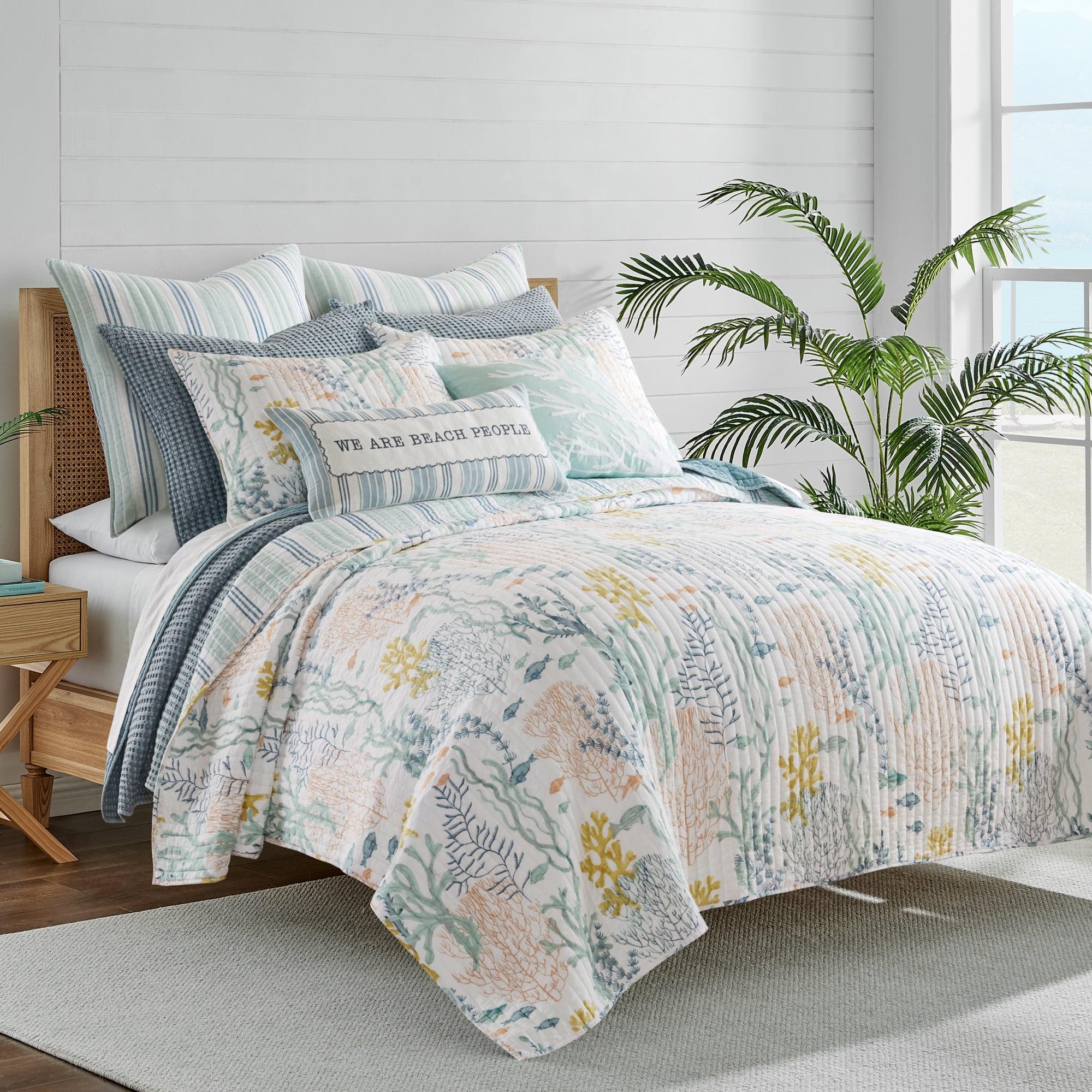 Full Blue Cotton Reversible Quilt Set with Shams