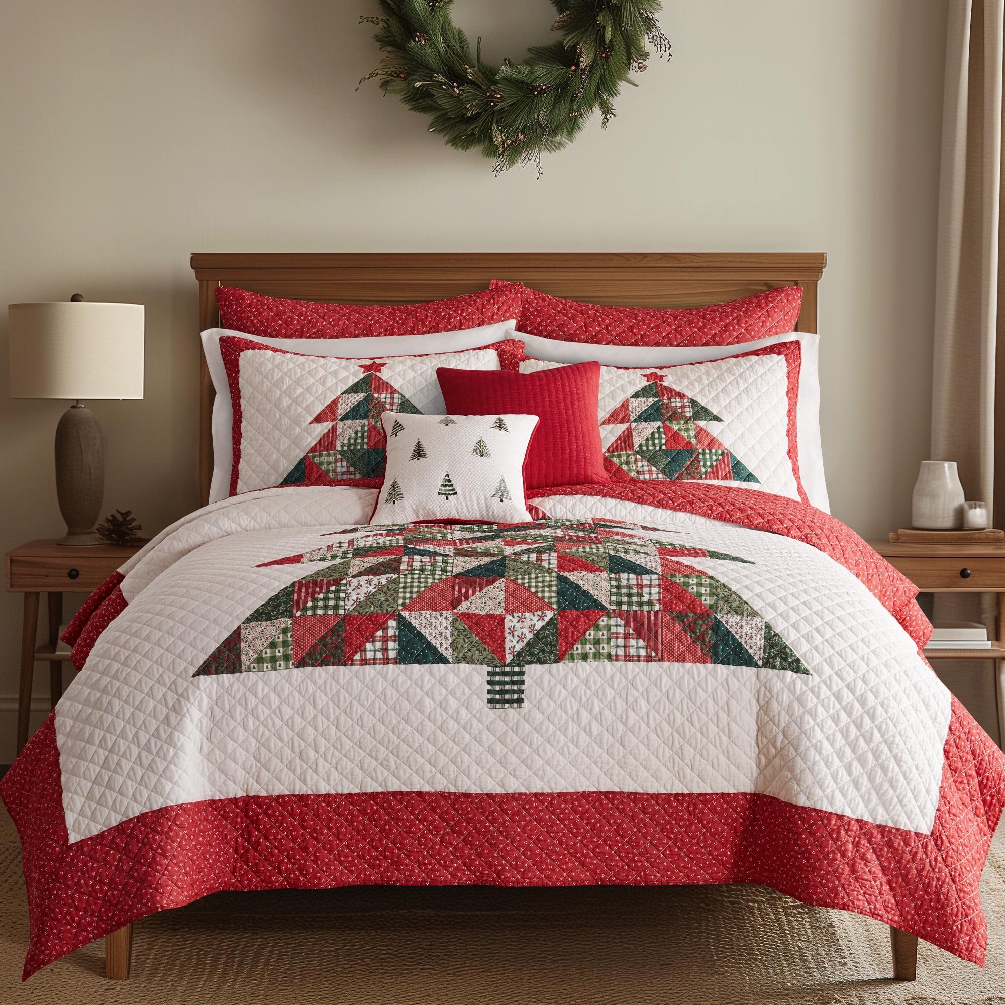 Patchwork Pine Red and Cream Cotton Twin Quilt Set