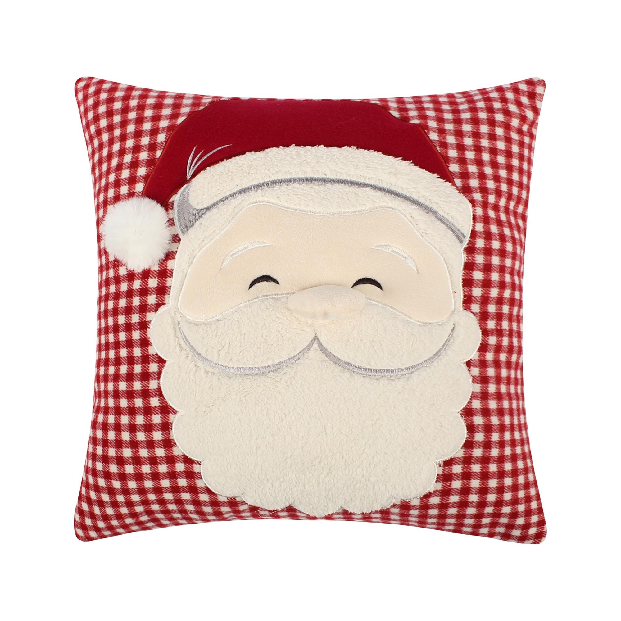 Peppermint Plaid Santa Applique 18" Red and Cream Pillow