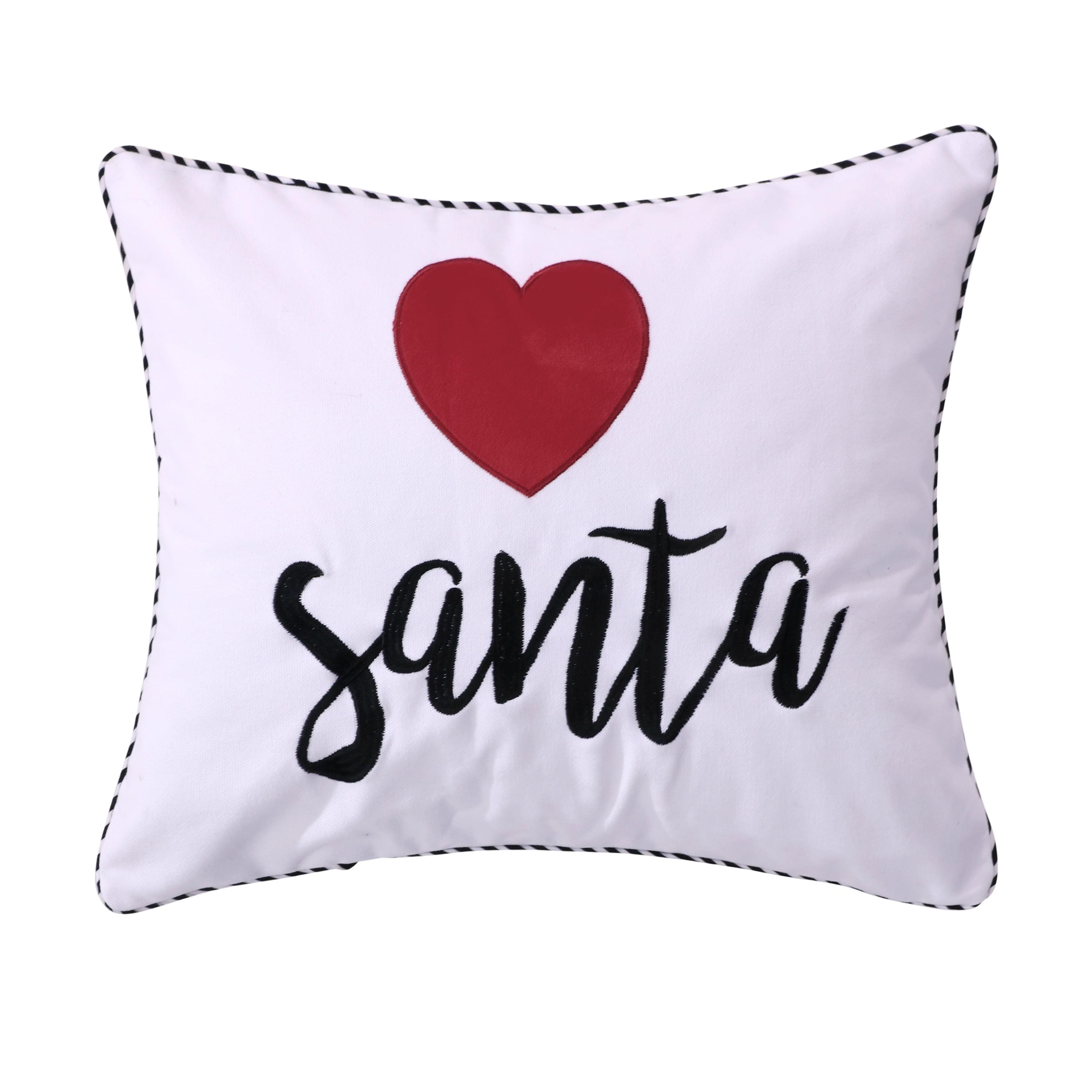 White and Red Embroidered Santa Heart Holiday Pillow