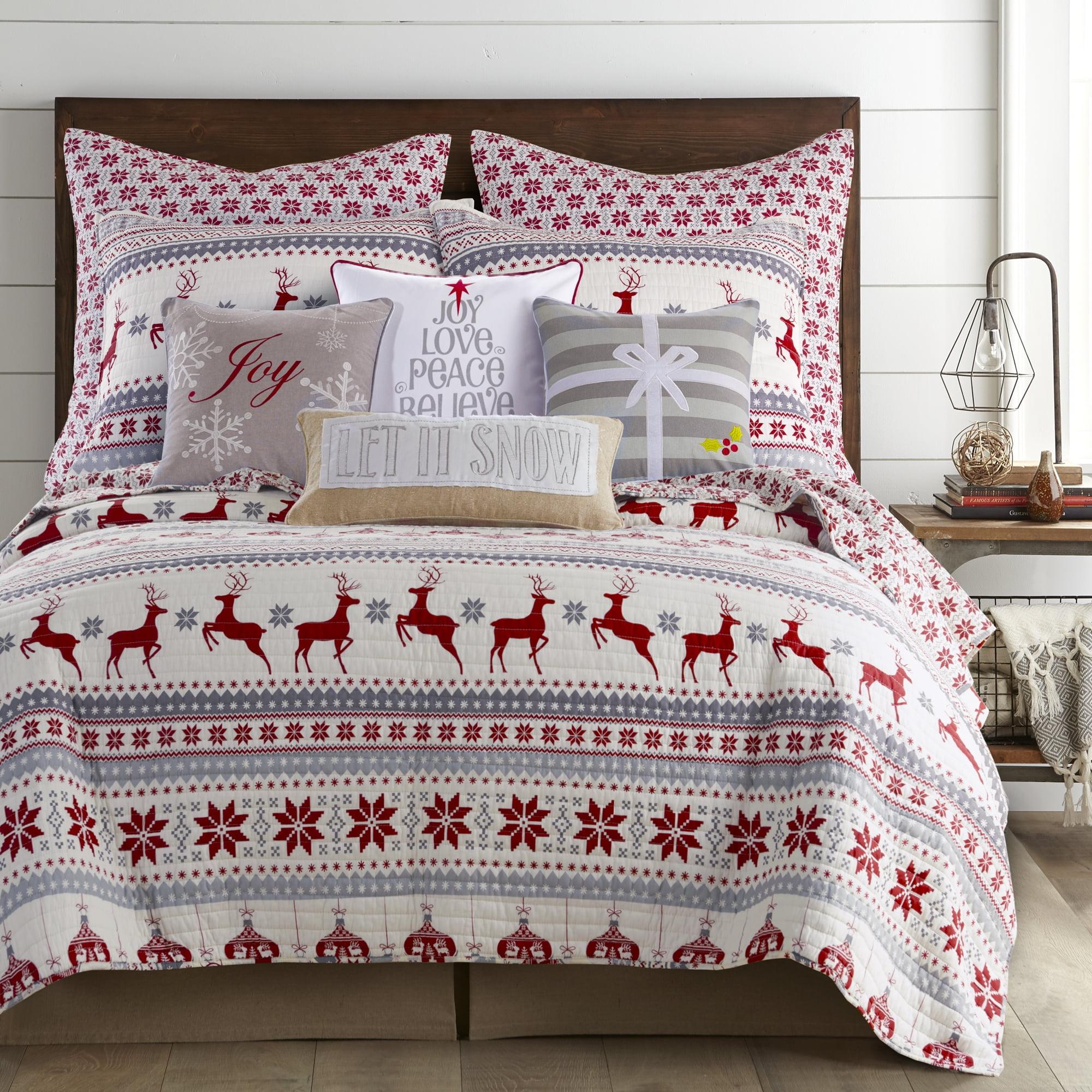 Silent Night Red and Grey Cotton Twin Quilt Set